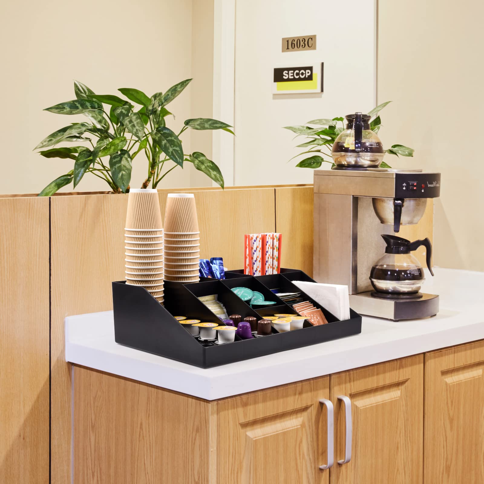 Szqinji Coffee Condiment Organizer Holder 10-Compartment Break Room Coffee Condiment Caddy Cup Storage Holder Black