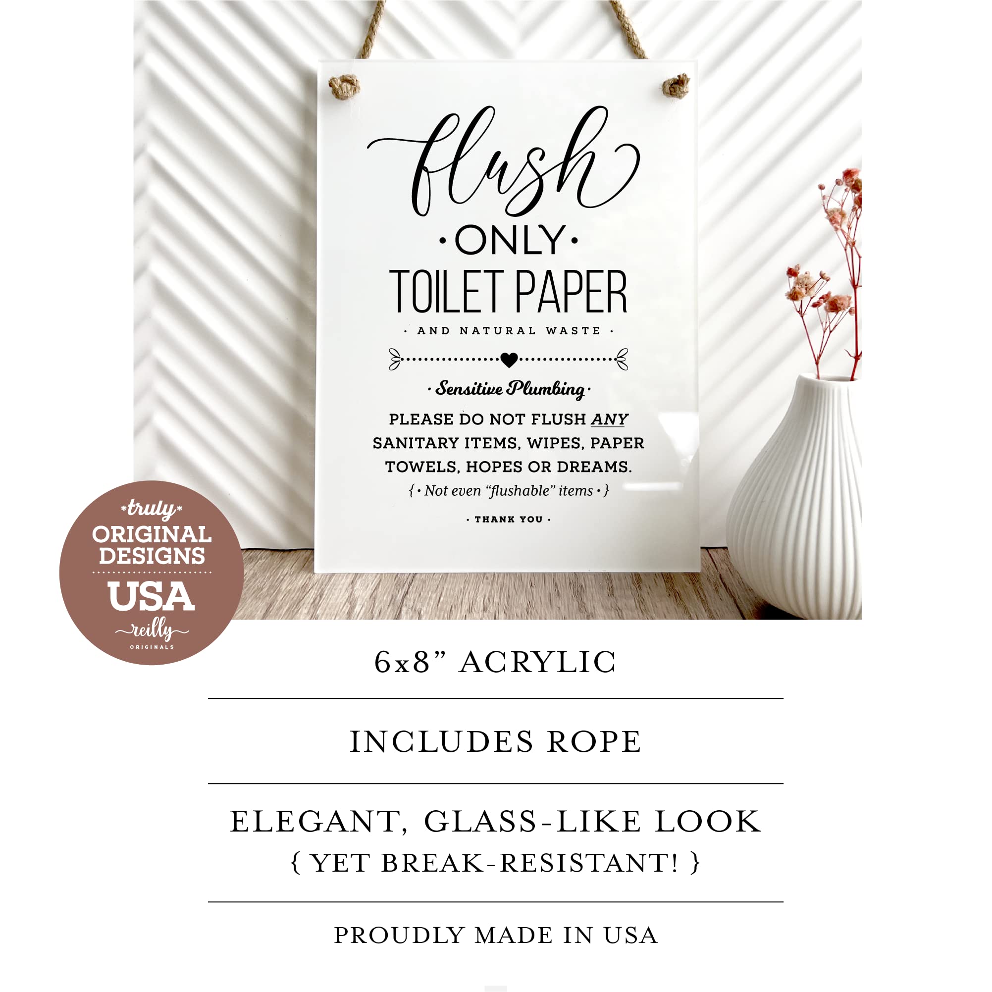 6X8 Inch Sensitive Plumbing Flush Only Toilet Paper, Not Hopes & Dreams Designer Bathroom Sign ~ Ready To Hang ~ Premium Finish,