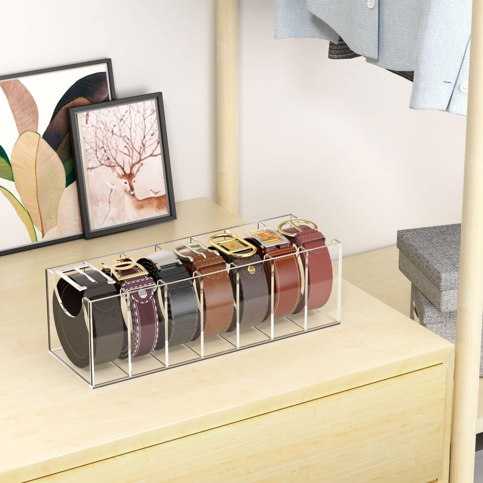 Niubee Belt Organizer, Acrylic Belt Storage Holder For The Closet, 7 Compartments Display Case For Tie And Bow Tie