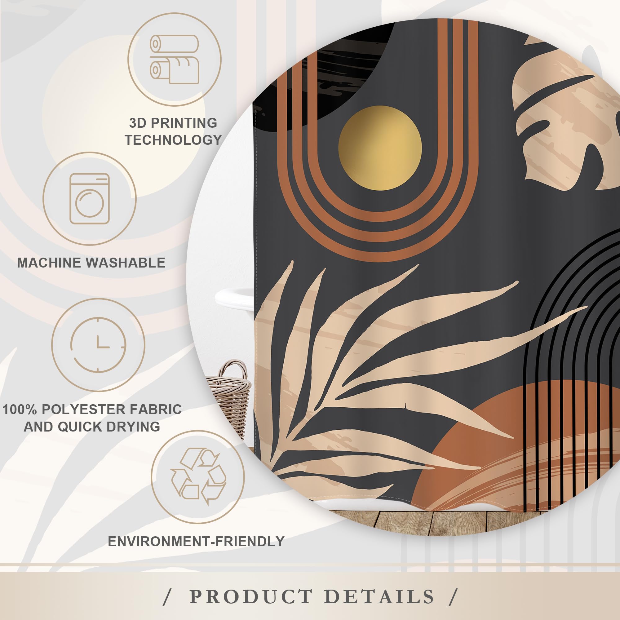 Glawry Black Boho Mid Century Shower Curtain Abstract Beige Leaves Minimalist Simple Aesthetic Arch Sun Modern Bathroom Botanica