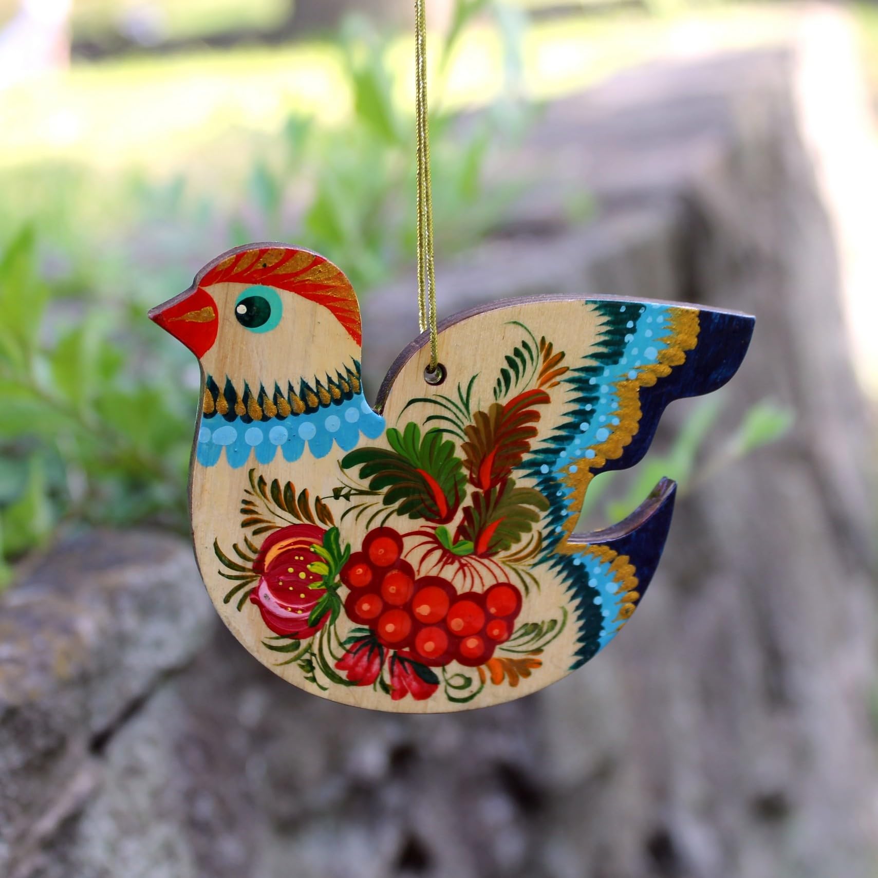 Bird Christmas Tree and Easter Ornament Rustic Ukrainian Wooden Hand Painted on Both Sides Birds Flat Decorations Traditional Co