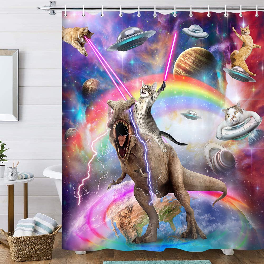 Funny Cat Shower Curtain Boys Kids Bathroom Decor, Cool Cat Riding Dinosaur On Fantasy Galaxy Hilarious Shower Curtain, Funky Ou