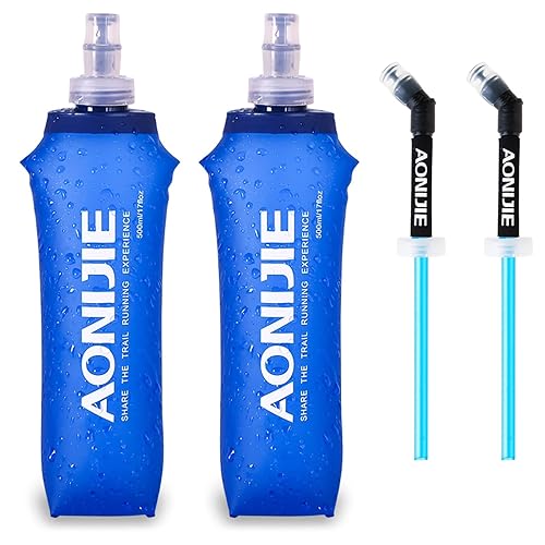 TRIWONDER Collapsible Water Bottles TPU Soft Flask Running Bottles BPA-Free Sports Flasks for Hiking Climbing Camping (500ml/16.91oz with Straws - Pack of 2)