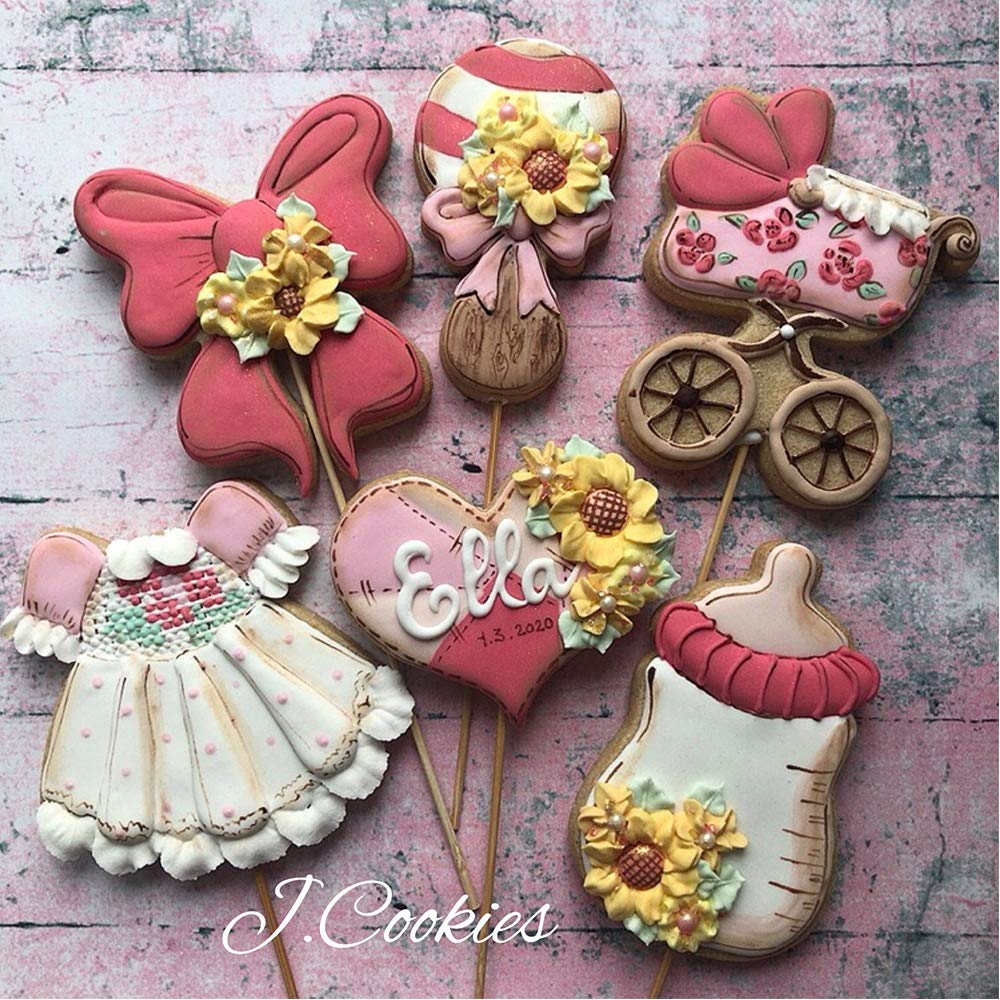 Liliao Baby Shower Cookie Cutter Set - 6 Piece - Feeding Bottle, Rattle, Heart, Carriage, Princess Dress And Bow/Ribbon Biscuit
