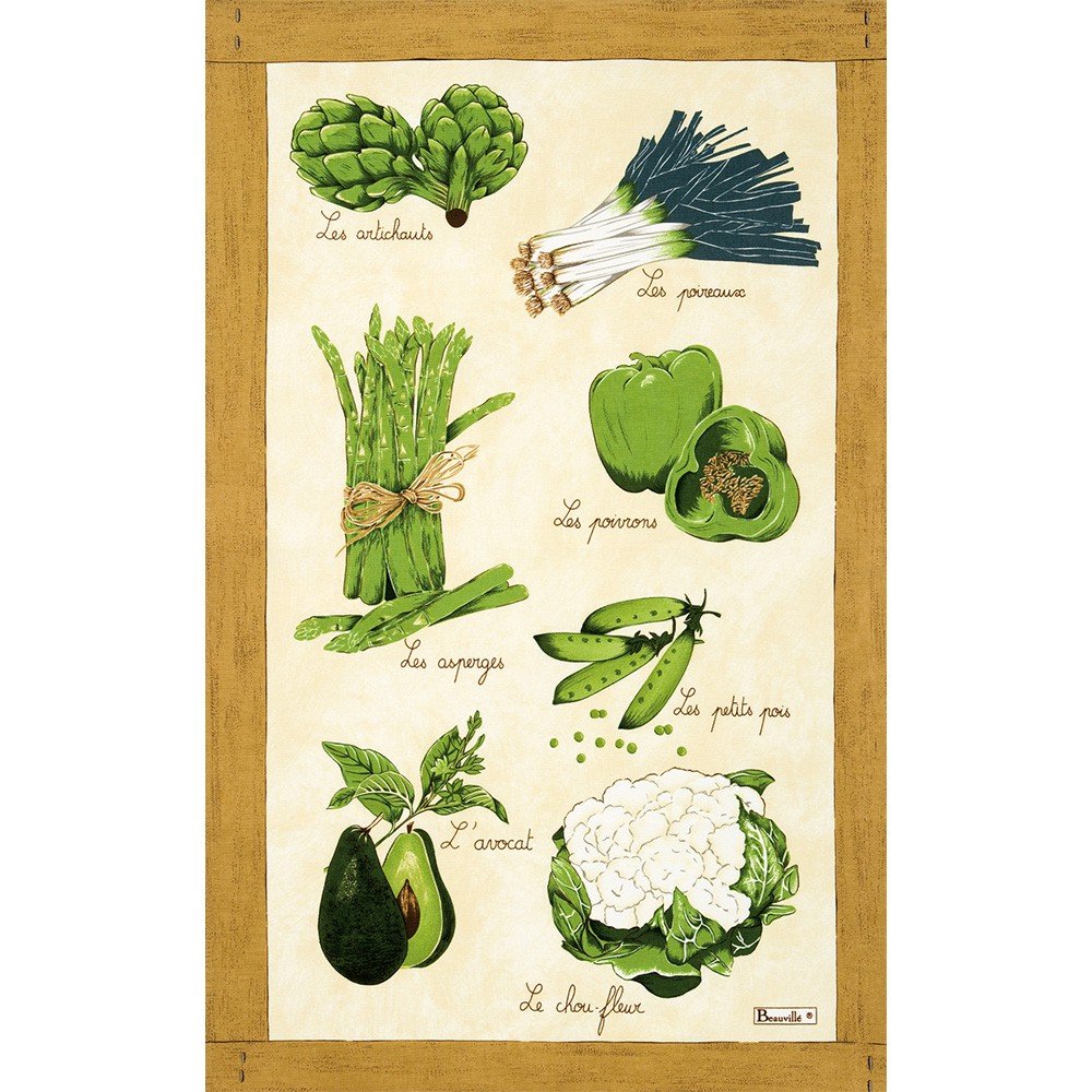 Beauville, Legumes Verts (Green Vegetables) French Kitchen/Tea Towel, Silk Screen Hand Printed, 82 Percent Cotton / 18 Percent L