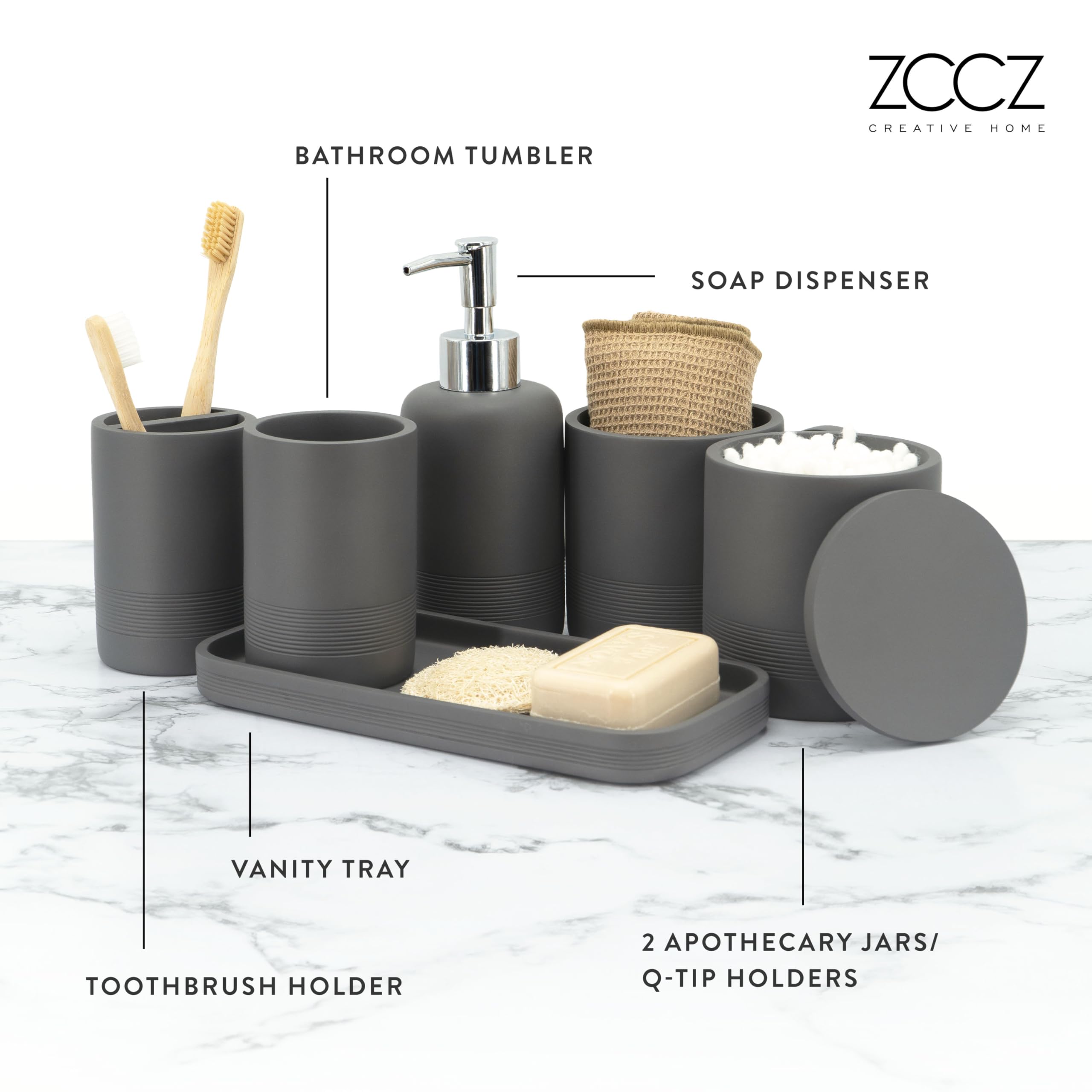 Zccz - Grey Bathroom Accessories Set 6 Pcs - Toothbrush Holder, Lotion Soap Dispenser, 2 Qtip Holder Dispenser, Vanity Tray, Bat