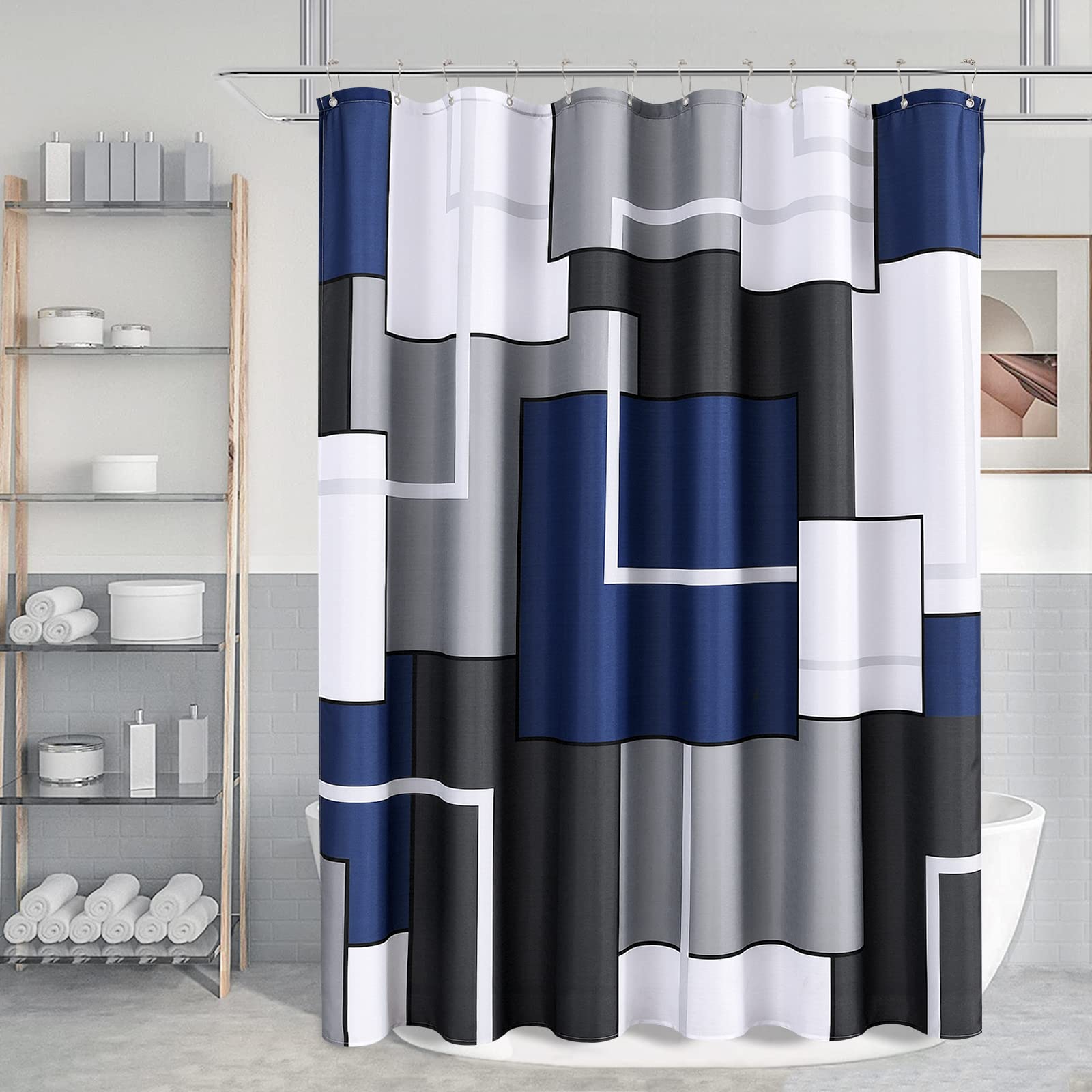 Blue Shower Curtain Set with Hooks Blue and White Morden Shower Curtains for Bathroom Fabric Grey Shower Curtain Abstract Geometric Bath Curtains Decorative Gray Shower Curtain Water Repellent 72x72