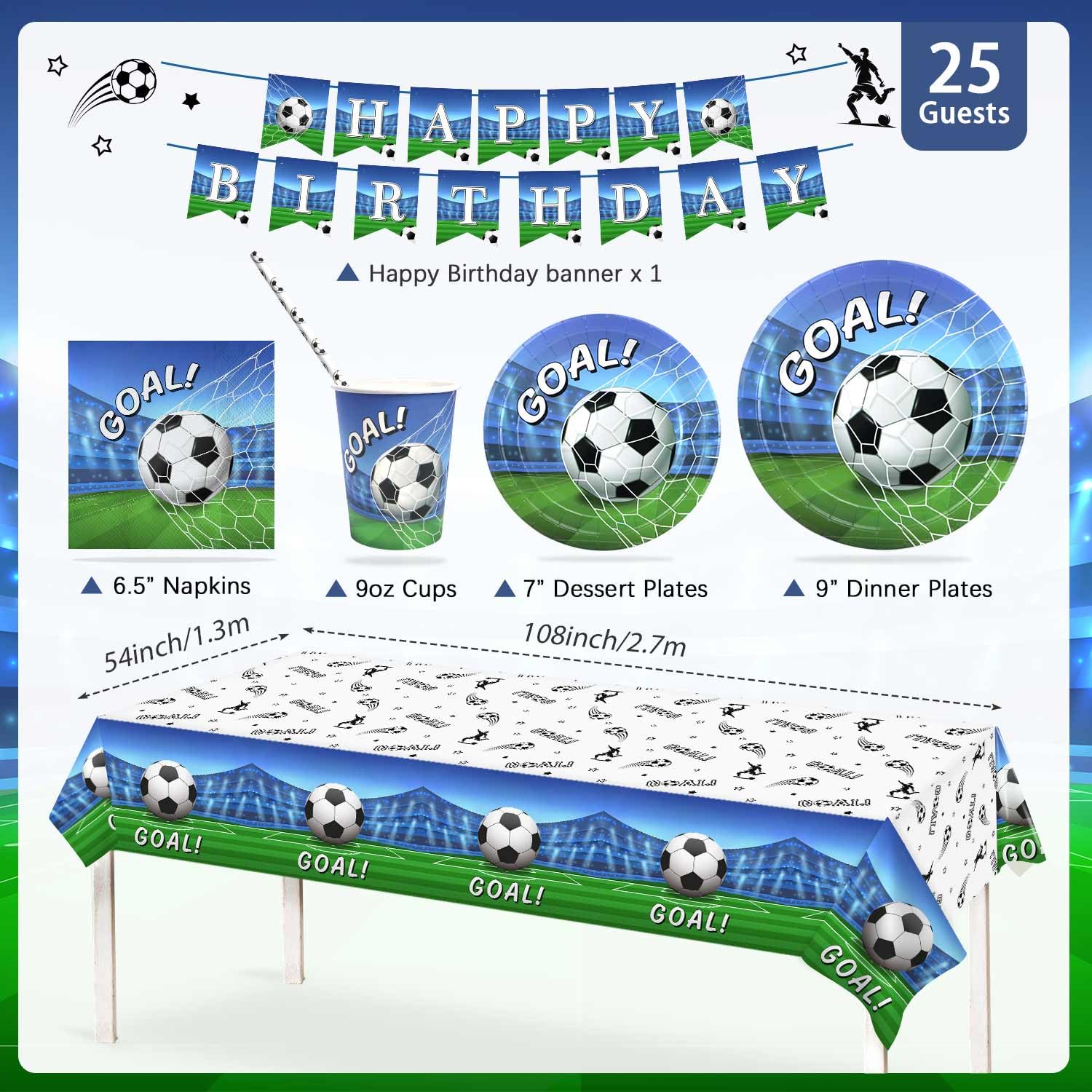 Heboland Soccer Party Decorations Dinnerware Set For 25 Guests, 127 Pieces Soccer Birthday Party Decorations Paper Plates Napkin
