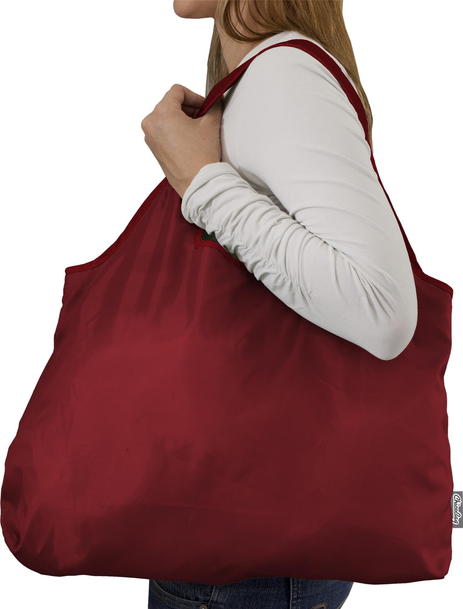 Chicobag Vita Reusable Shopping Bag With Attached Pouch And Carabiner Clip, Compact, Designer Shoulder Tote, Red