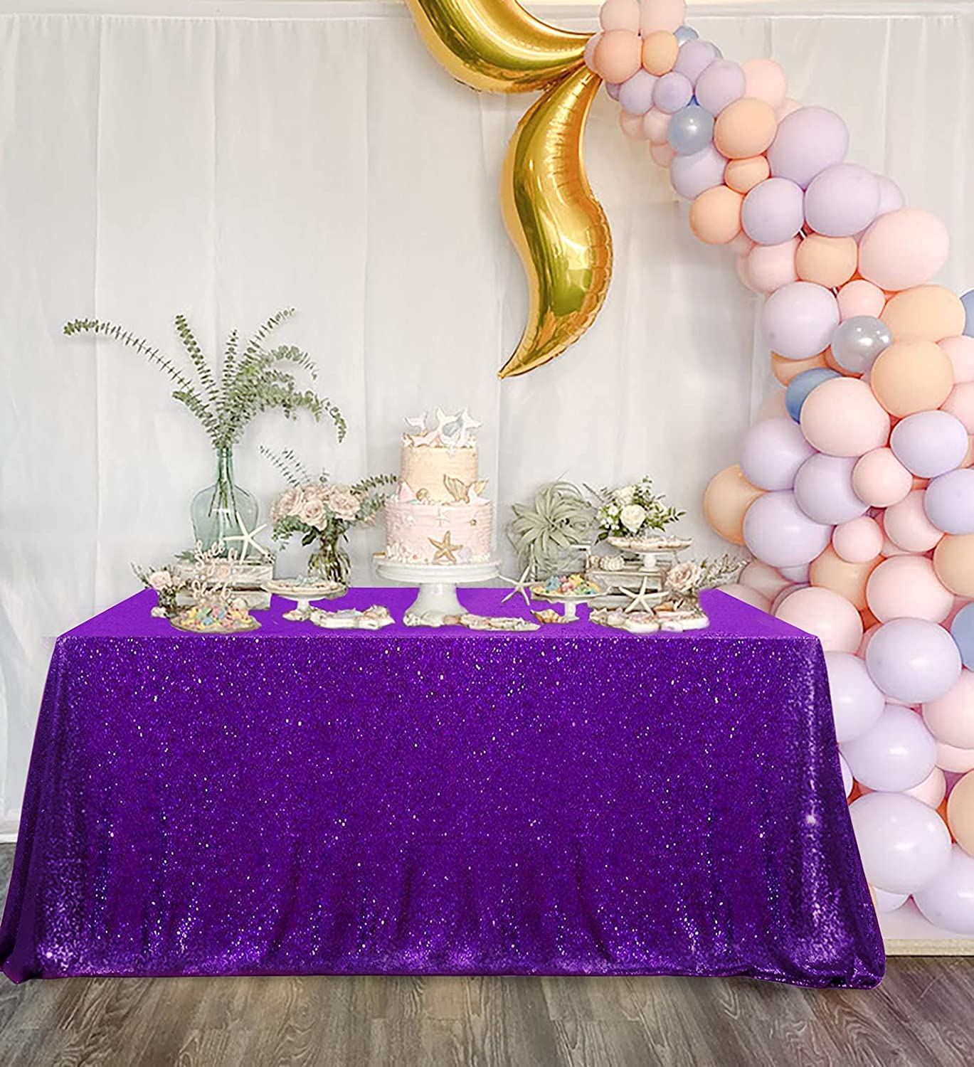 Queendream Sequin Tablecloth 90''X132'' Purple Party Tablecloth Rectangular Seamless Sequin Table Cloth Overlay Glitter Wedding