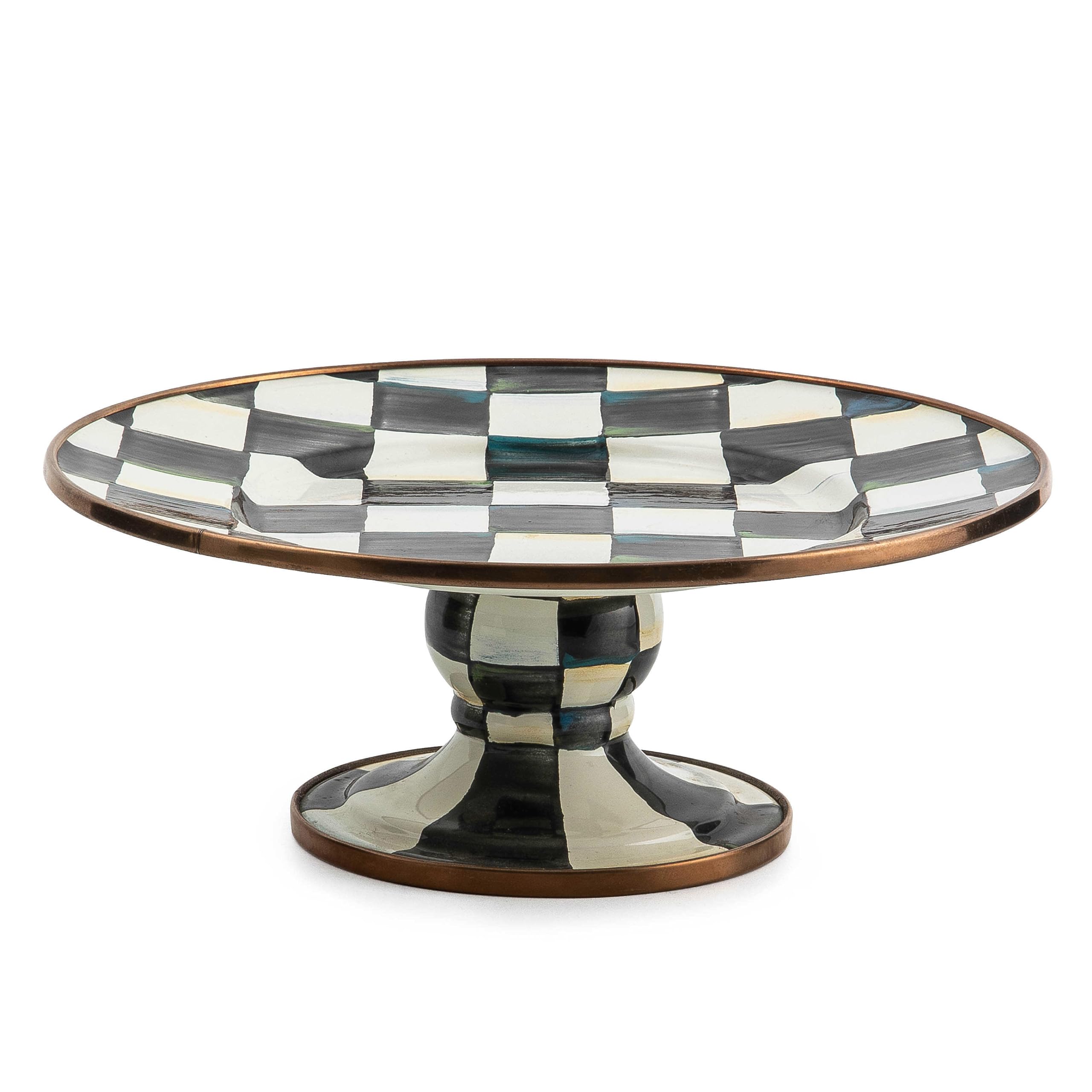 MACKENZIE-CHILDS Enamel Pedestal Serving Platter, Decorative Serving Dish for Food, Mini, Black-and-White Courtly Check