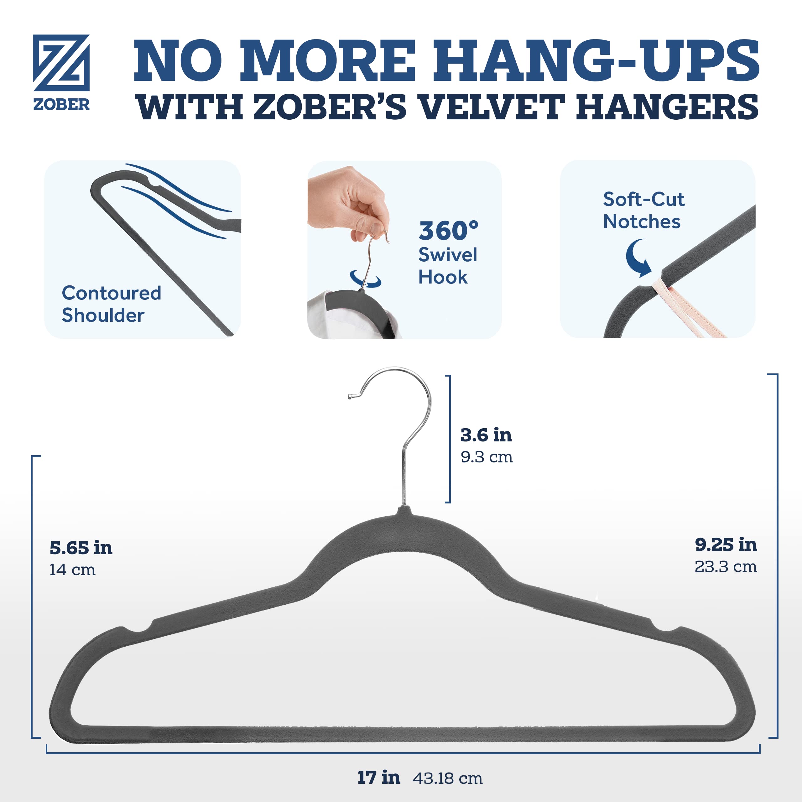 Zober Velvet Hangers 50 Pack - Heavy Duty gray Hangers for coats  Pants & Dress clothes - Non Slip clothes Hanger Set - Space Saving Felt Hangers for clothing