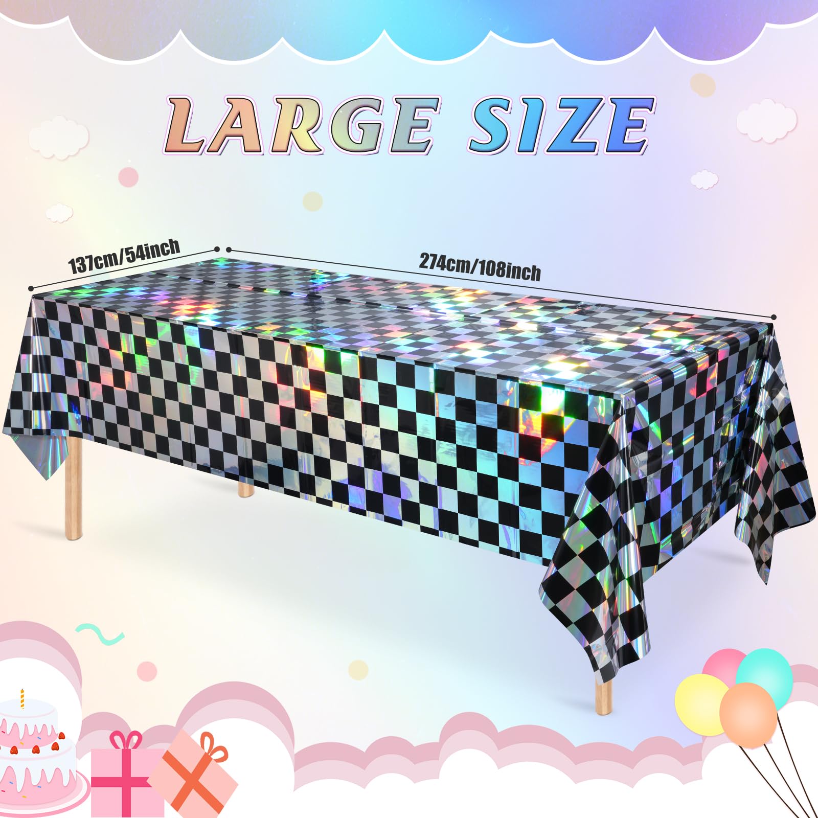 3Pack Black And Iridescent Checkered Plastic Tablecloth, Shiny Disposable Laser Rectangle Table Covers, Holographic Foil Tablecl