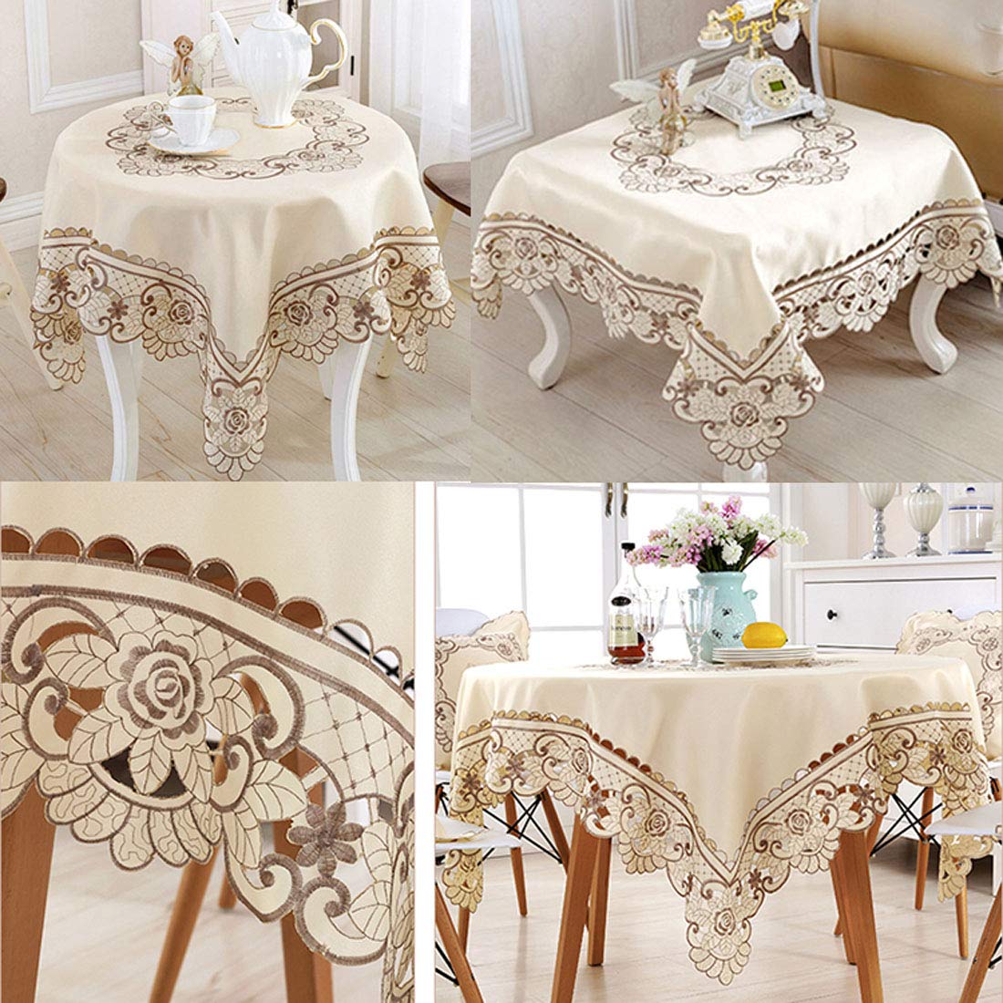 Lelehome 33 Inch X 33 Inch Square Classic Brown Flowers Embroidered Lace Beige Tablecloth, Vintage Dining Table Cloth Wrinkle Fr