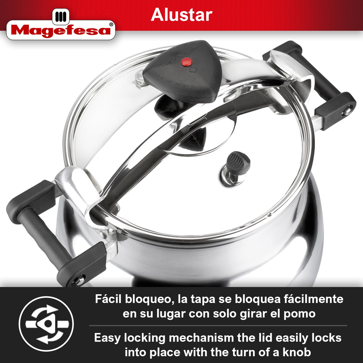 Magefesa Alustar 23.2 Quart Pressure Cooker, recommended use for professionals, made of extra thick aluminum, express, has a The