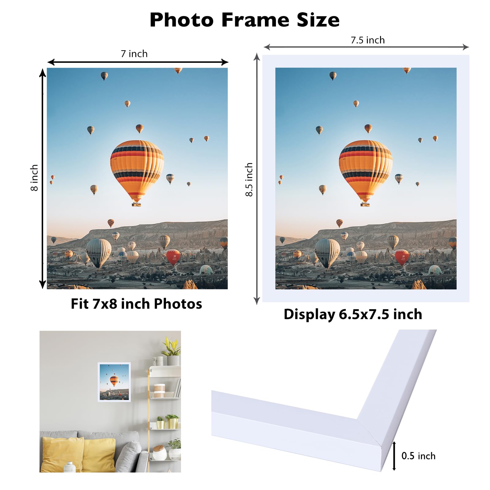 JCJMY 7x8 Picture Frame White for Wall Hanging or Tabletop, Wall Mounting Horizontally or Vertically, 7 x 8 Wall Gallery Poster