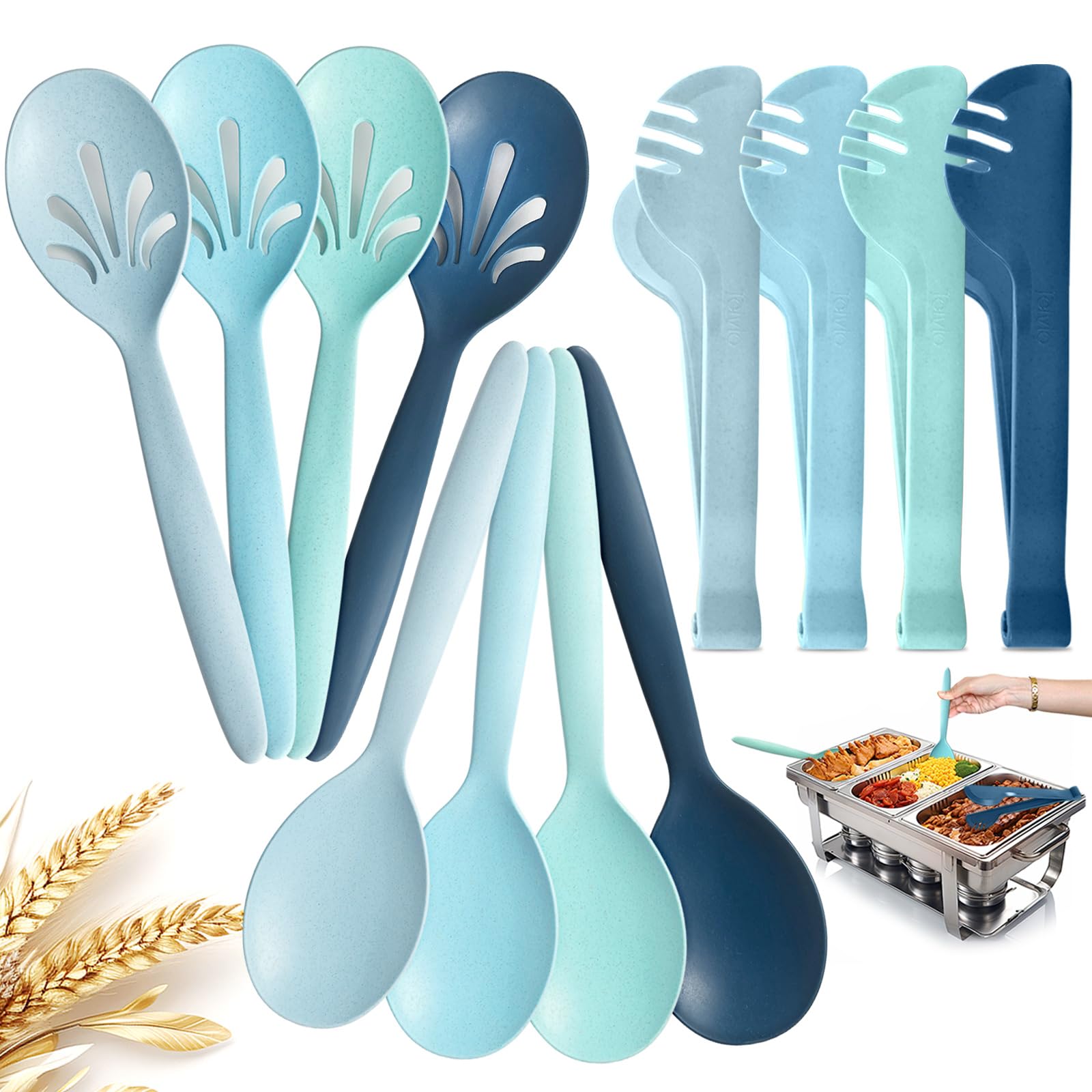 RayPard Reusable Plastic Serving Utensils Set of 12, Wheat straw Large Serving set 10 Serving Spoons/10 Slotted Spoons/9.4 Tongs