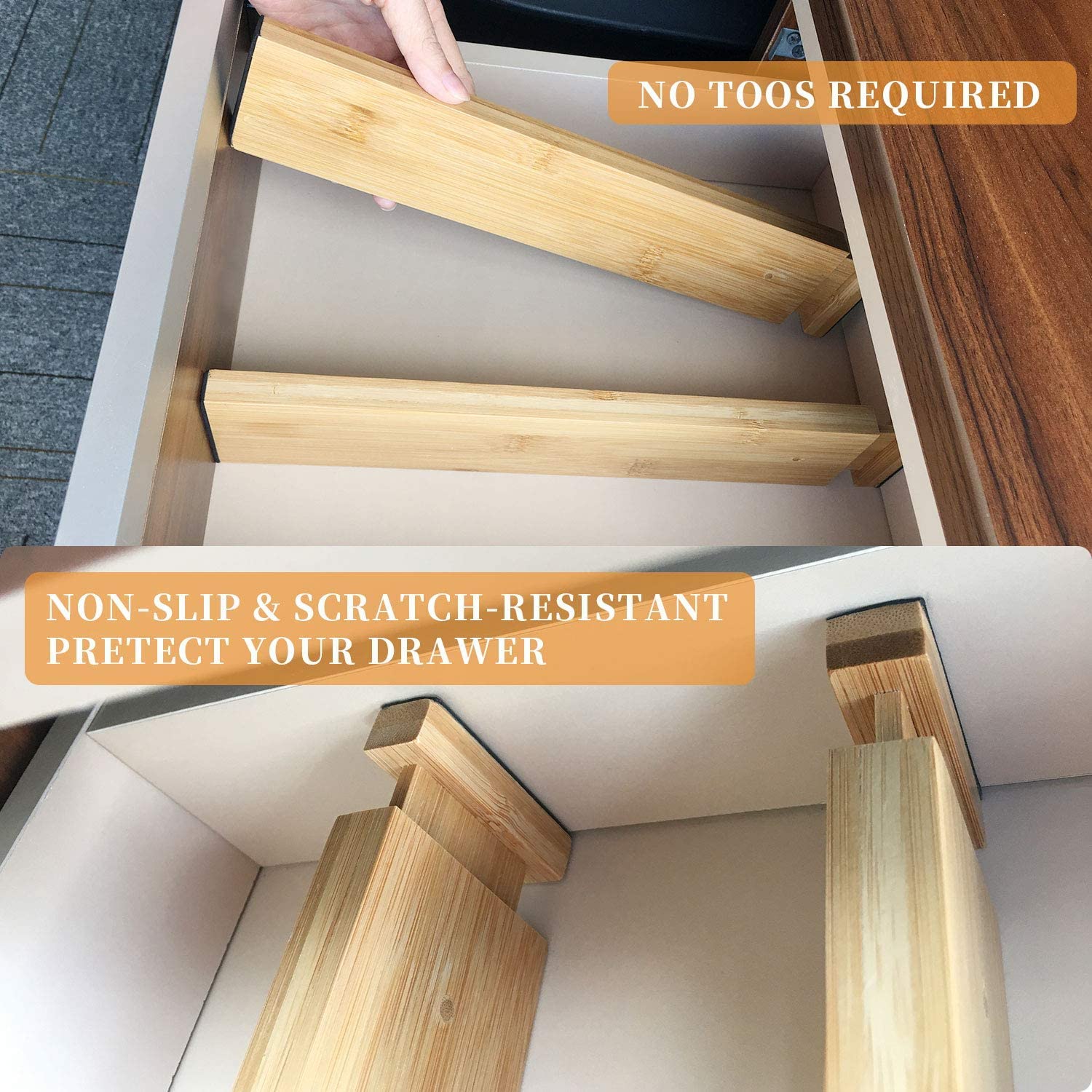 VaeFae 6 Pack Bamboo Drawer Dividers, Adjustable Drawer Organizer, Expandable Organization for Kitchen, Office, Bedroom, Dresser