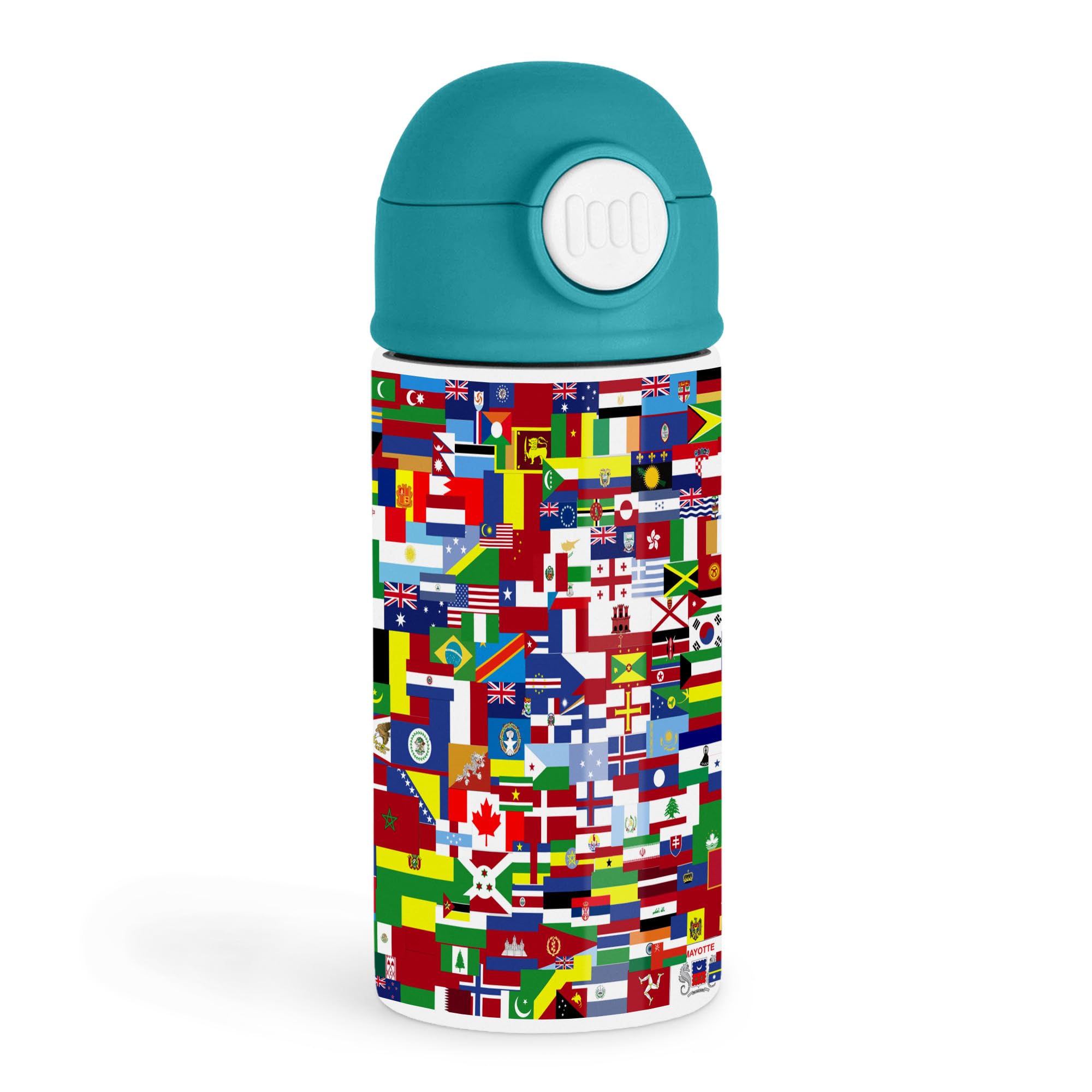 Empowering World Traveler 12oz Kids Green Bottle  Colorful pattern of various nation flags  Travel Adventures, School Lunches