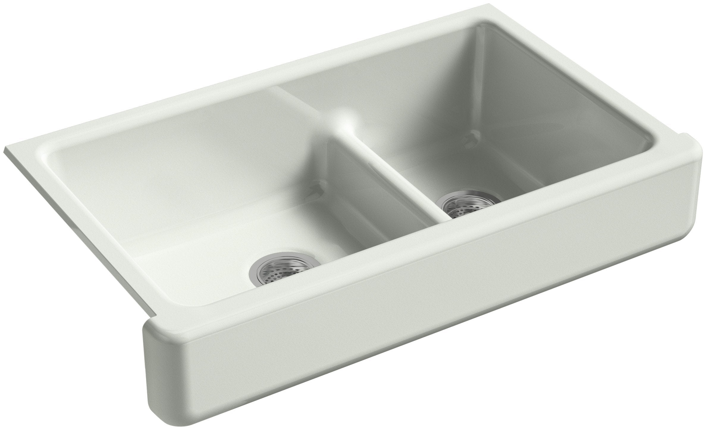 KOHLER Whitehaven Farmhouse Self-Trimming Apron Front Cast Iron Sink, Double Bowl with Short Apron, 36 Inch, Sea Salt