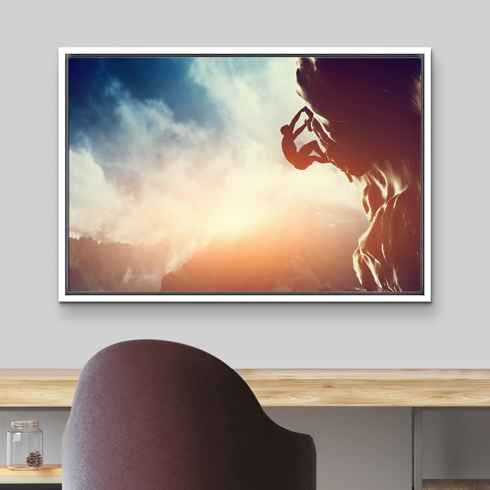 Framed Canvas Prints Wall Art - Man Climbing on Rock Mountain at Sunset/Art of Ambition  Modern Home Deoration/Wall Art Giclee Printing Wrapped Canvas Art Ready to Hang - 16''x24'' White