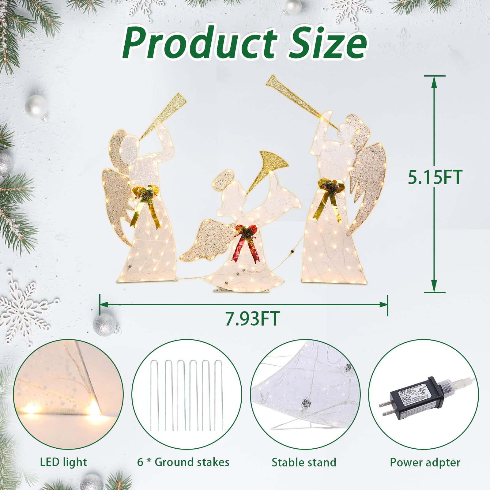 Outdoor Christmas Angel Decoration Christmas Lighted 3 Angels Playing Trumpet with Holly Berries Decoration for Xmas Home Pathwa