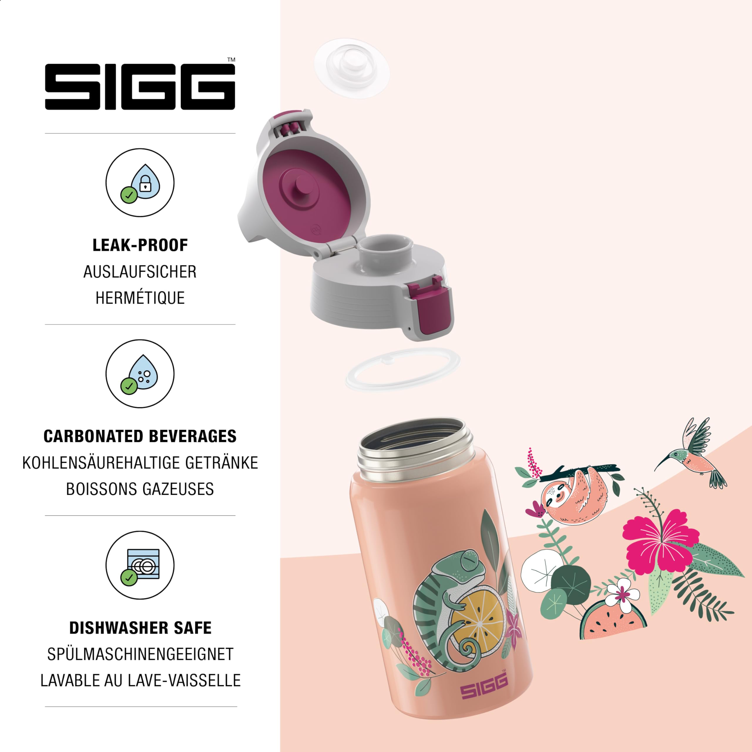 SIGG - Kids Water Bottle - Shield ONE Flora - Leakproof - Lightweight - BPA Free - Stainless Steel - Pink With Chameleon - 17 Oz
