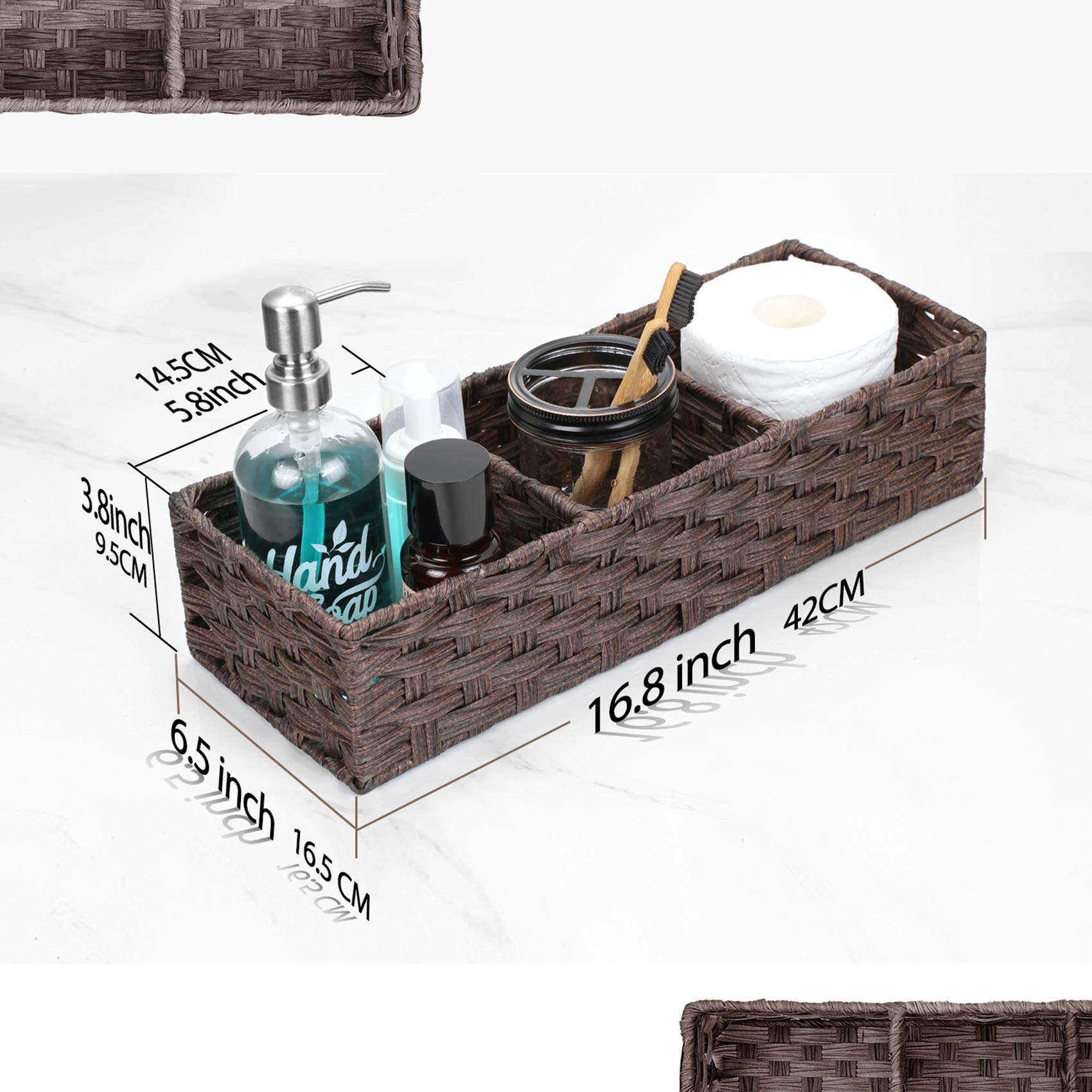 [Larger Compartments] Toilet Tank Topper Paper Basket - Multiuse Hand Woven Plastic Wicker Basket with Divider for Organizing  Rustic Farmhouse Bathroom Decor  Countertop Organizer Storage  Brown