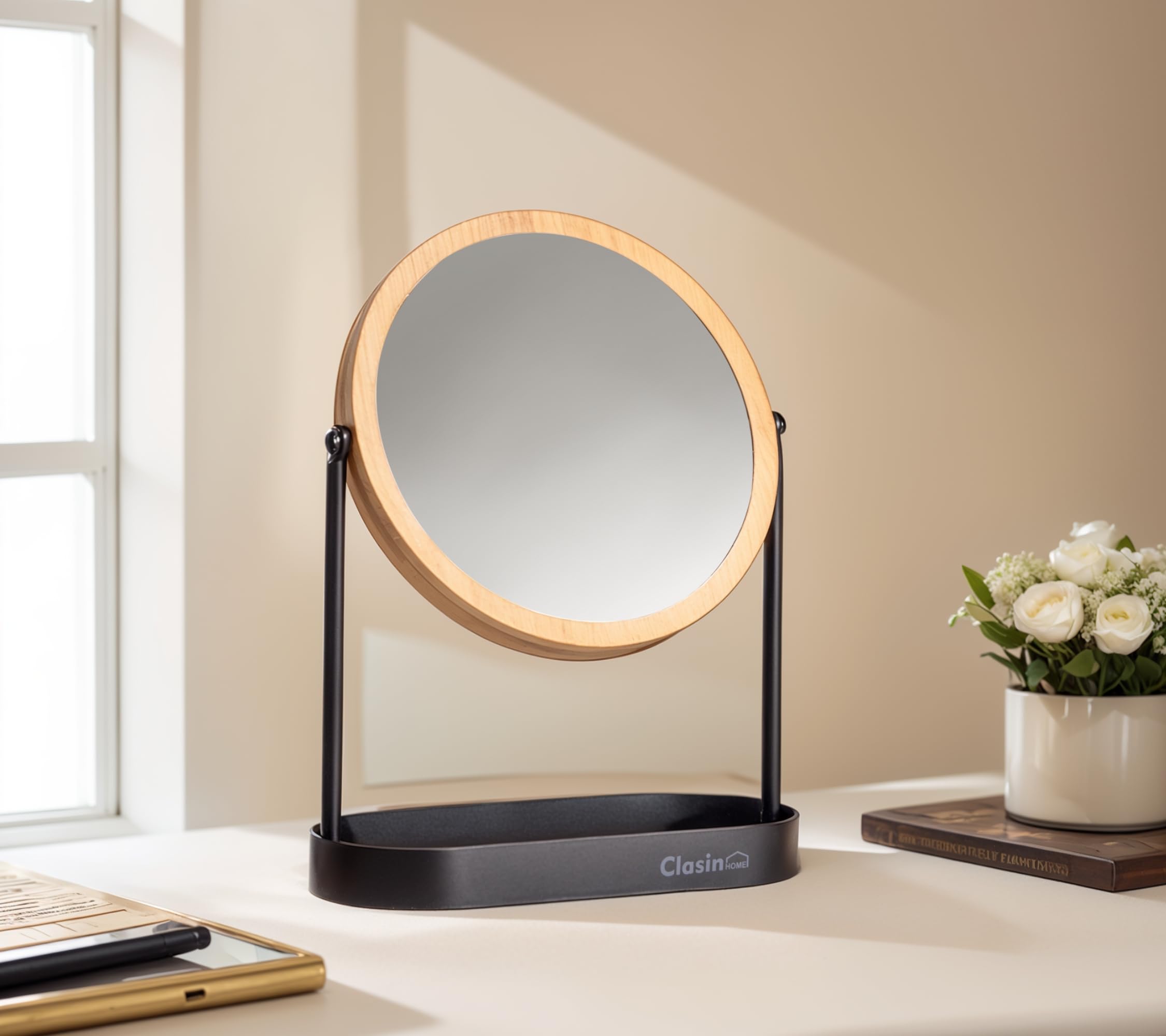 Clasin Home Bamboo Makeup Mirror With Storage, Double Sided Vanity Mirror 360 Rotation, 1X 3X Magnifying Table Mirror For Desk,