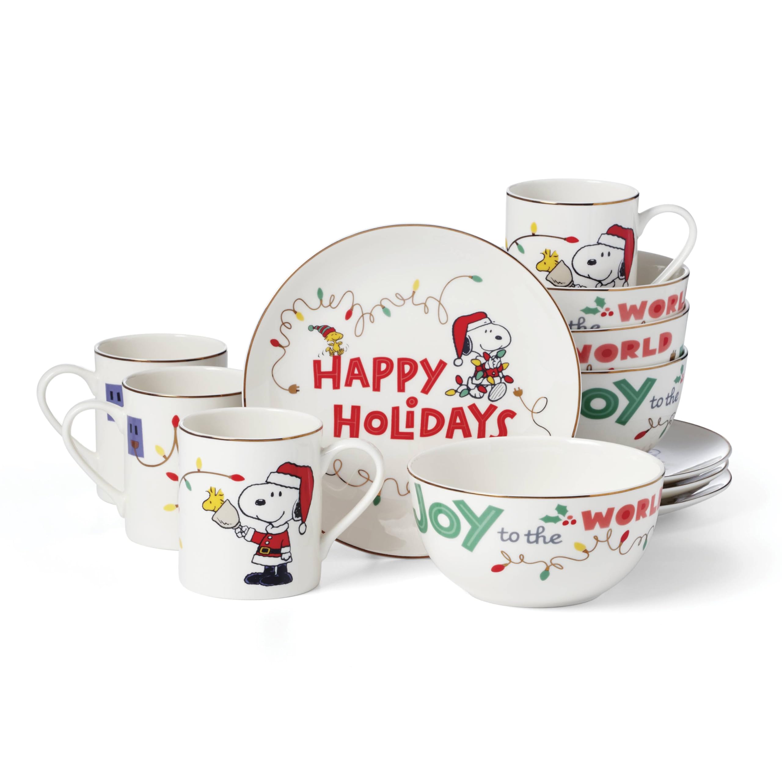 Lenox 896326 Snoopy Christmas 12-Piece Dessert Set, Holiday Dinnerware