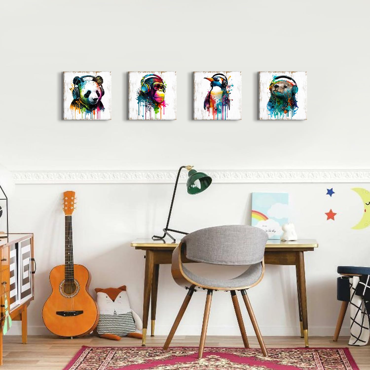 Colorful Animal Wall Art Funny Cute Bear Monkey With Headphone Canvas Prints Pictures Nursery Room Decor Cartoon Penguin Panda P