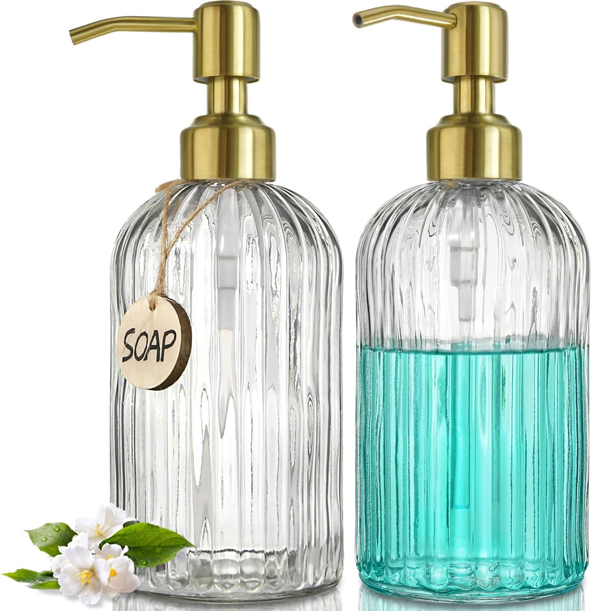 Jasai 2Pack 18Oz Fluted Glass Soap Dispenser With Golden Rust Proof Pump, Refillable Kitchen Soap Dispenser With Vertical Stripe