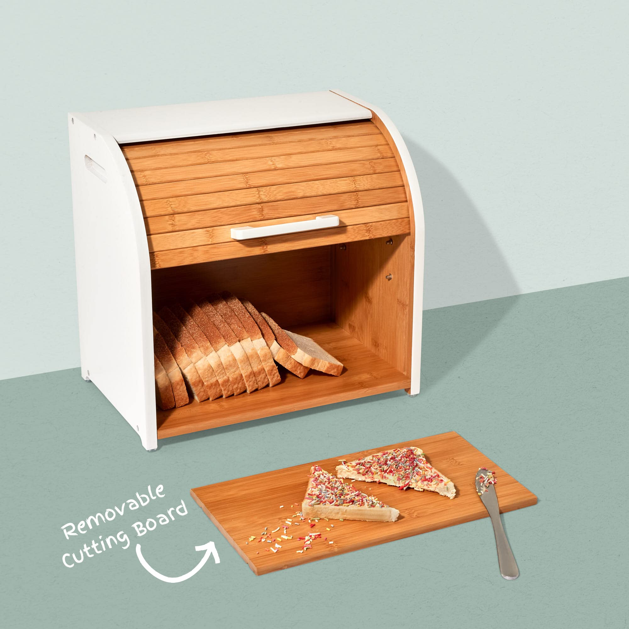 Homefully Bamboo Double Layer Bread Box, Extra Large Roll Top, White, Model BB638