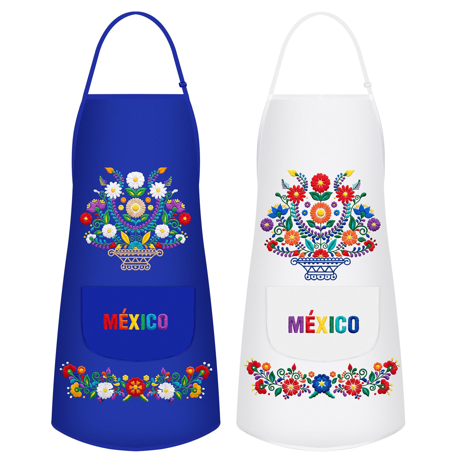 Suhine 2 Pack Mexican Cinco De Mayo Aprons Gift For Women, Embroidered Fiesta Party Decorations Adjustable Mandil With Pockets,