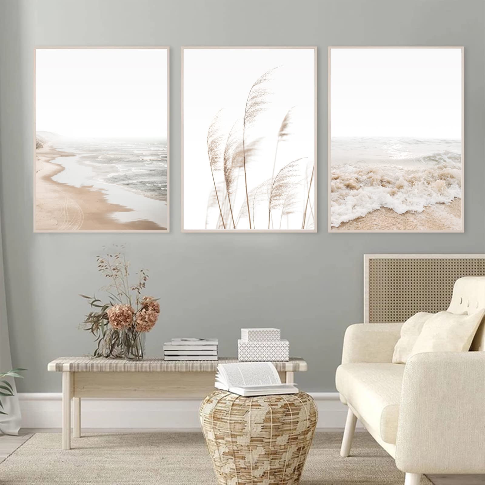 Beach Boho Prints Coastal Canvas Unframed, Beach Pictures Wall Art Pampas Grass Ocean Poster Plant Landscape Beach Scene Artwork