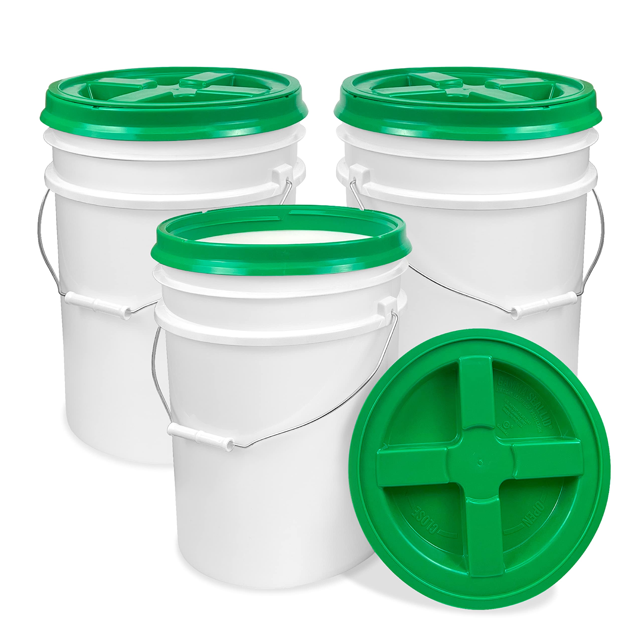Epackagesupply, 5 Gallon White Bucket With Green Gamma Seal Screw On Airtight Lid (3 Count), Food Grade Storage, Premium Hpde Pl