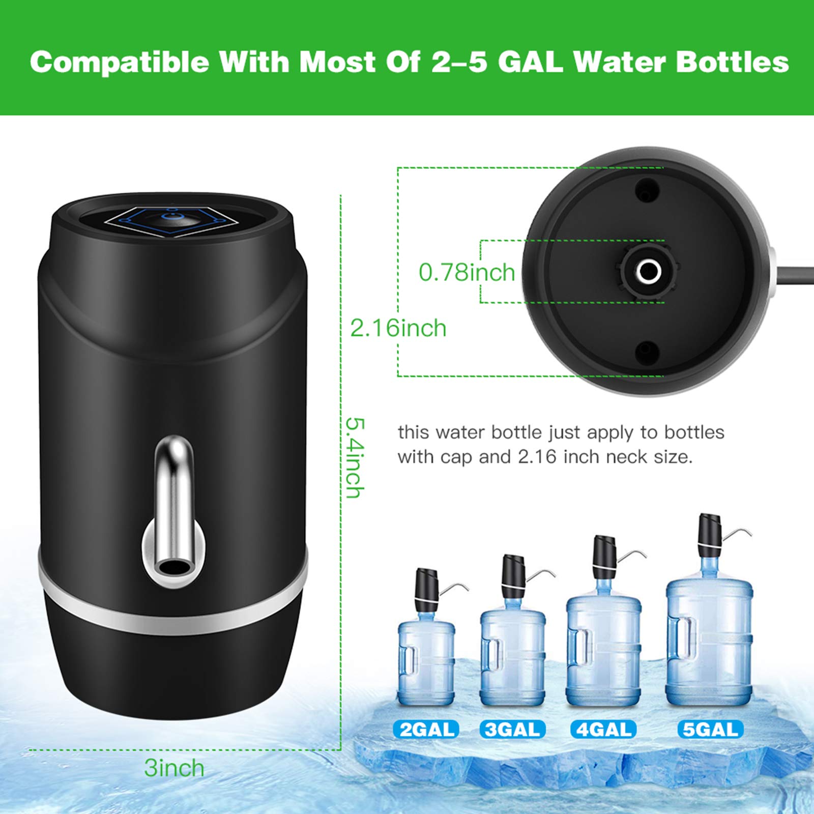 5 Gallon Electric Drinking Portable Water Dispenser  Universal USB Charging Water Bottle Pump For 2-5 Gallon With 2 Silicone