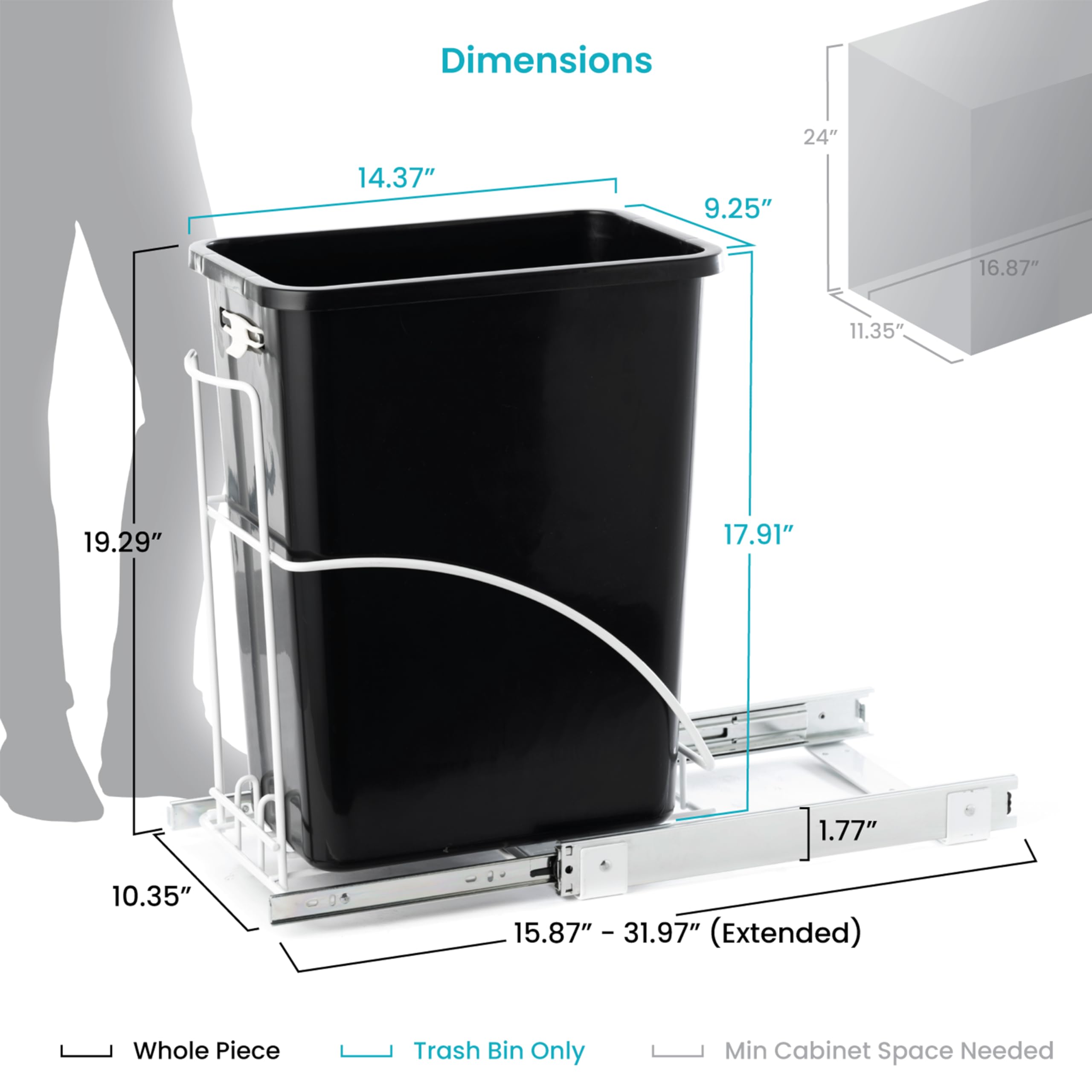 Home Zone Living 7.6 Gallon Pull Out Under Cabinet Trash Can  Removable Liner for Recycling or Trash  Slim Shape