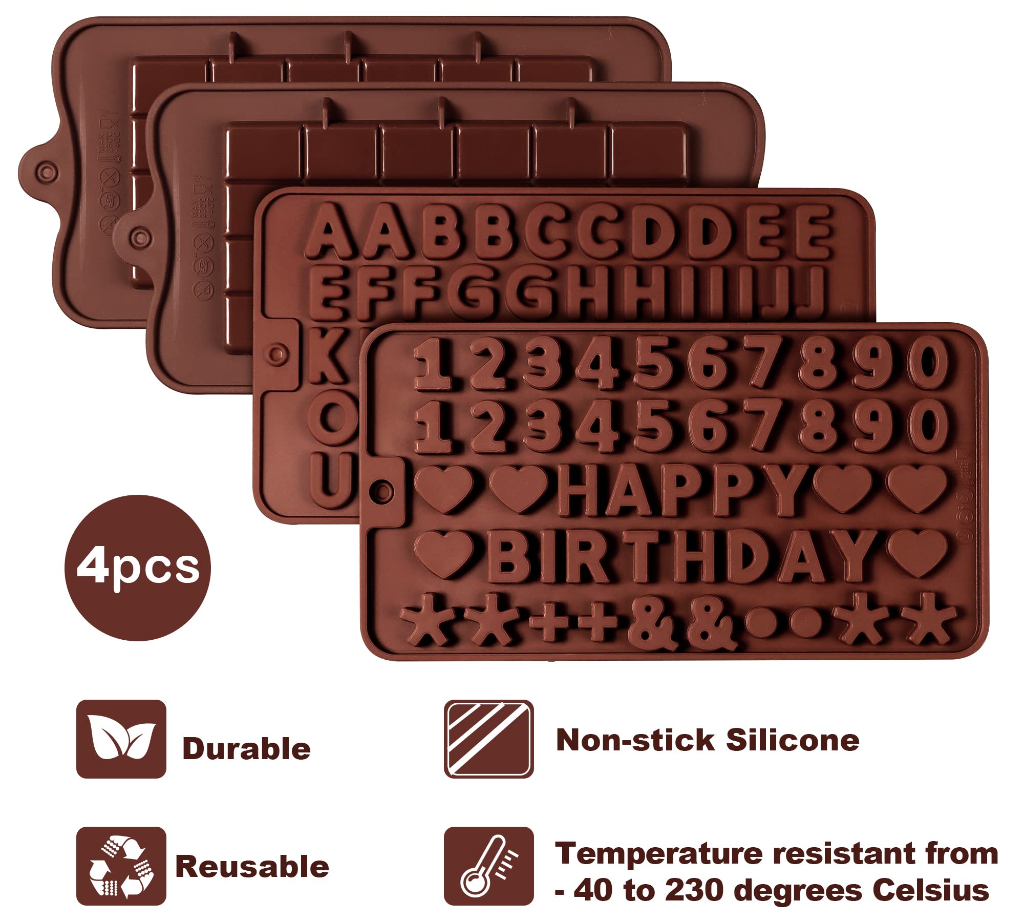 Sidosir 4Pcs Deep Chocolate Bar Molds, Break-Apart Chocolate Silicone Candy Mold For Birthday Cake Decorating(2Pcs Deep Chocolat