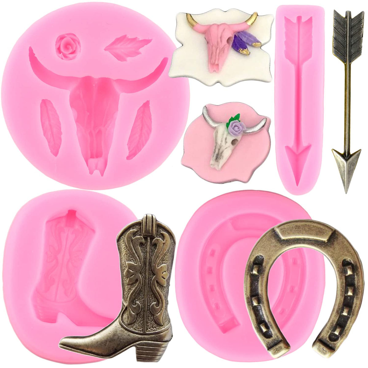Zixiang Bull Head Silicone Molds Horseshoe Hoof Fondant Mold Feather Arrow Chocolate Molds For Rose Flower Cupcake Cake Topper D