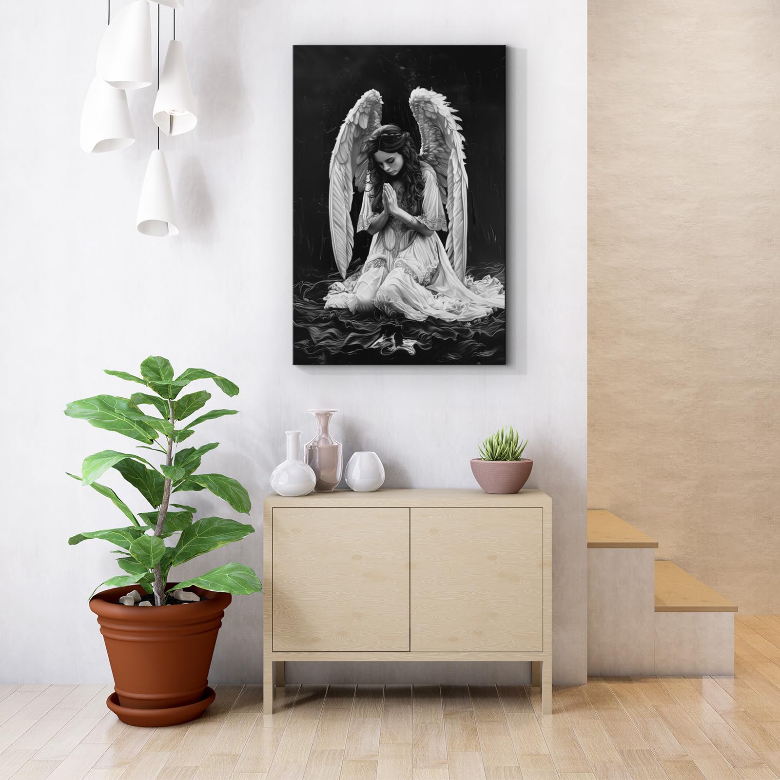 Yonica White Angel Painting Angel Wings Wall Art Modern Black And White Pictures Praying Woman Wall Art Dark Abstract Angel Pain
