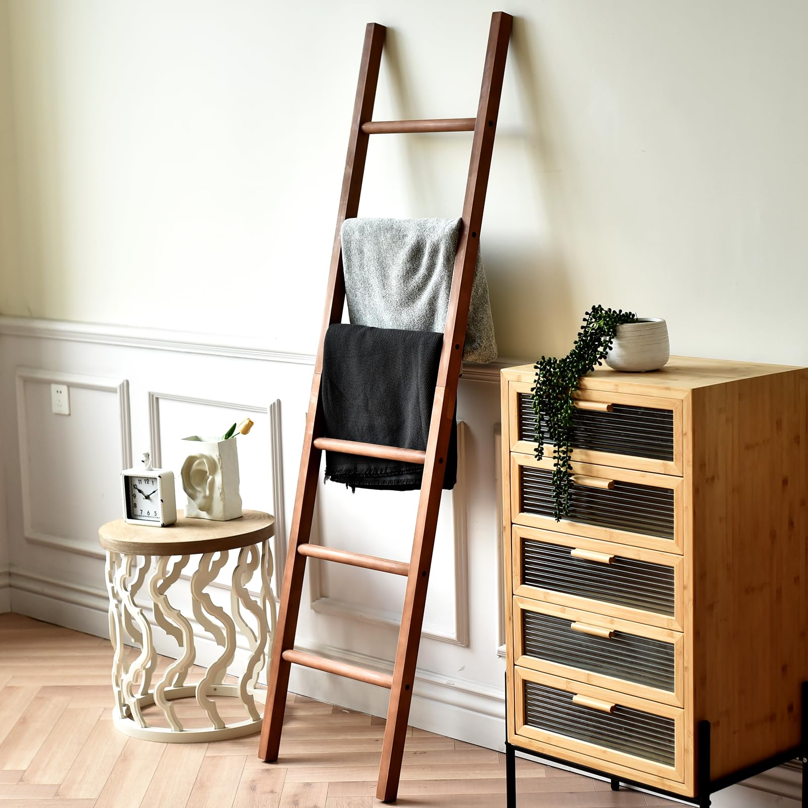 Fuin 6Ft Wooden Brown Blanket Ladder Living Room Decorative Wall Leaning Farmhouse Quilt Display Holder Rustic Wood Towel Rack F