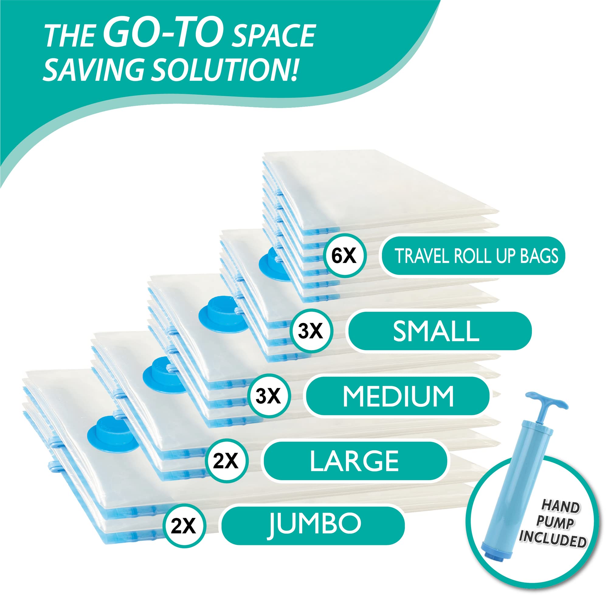 Space Saver Storage Bags  (2 Jumbo/2 Large/3 Medium/3 Small/6 Roll) Compression Vacuum Sealer Bags for Comforters  Blankets  Clothes Storage  Hand Pump Included  16 Pack