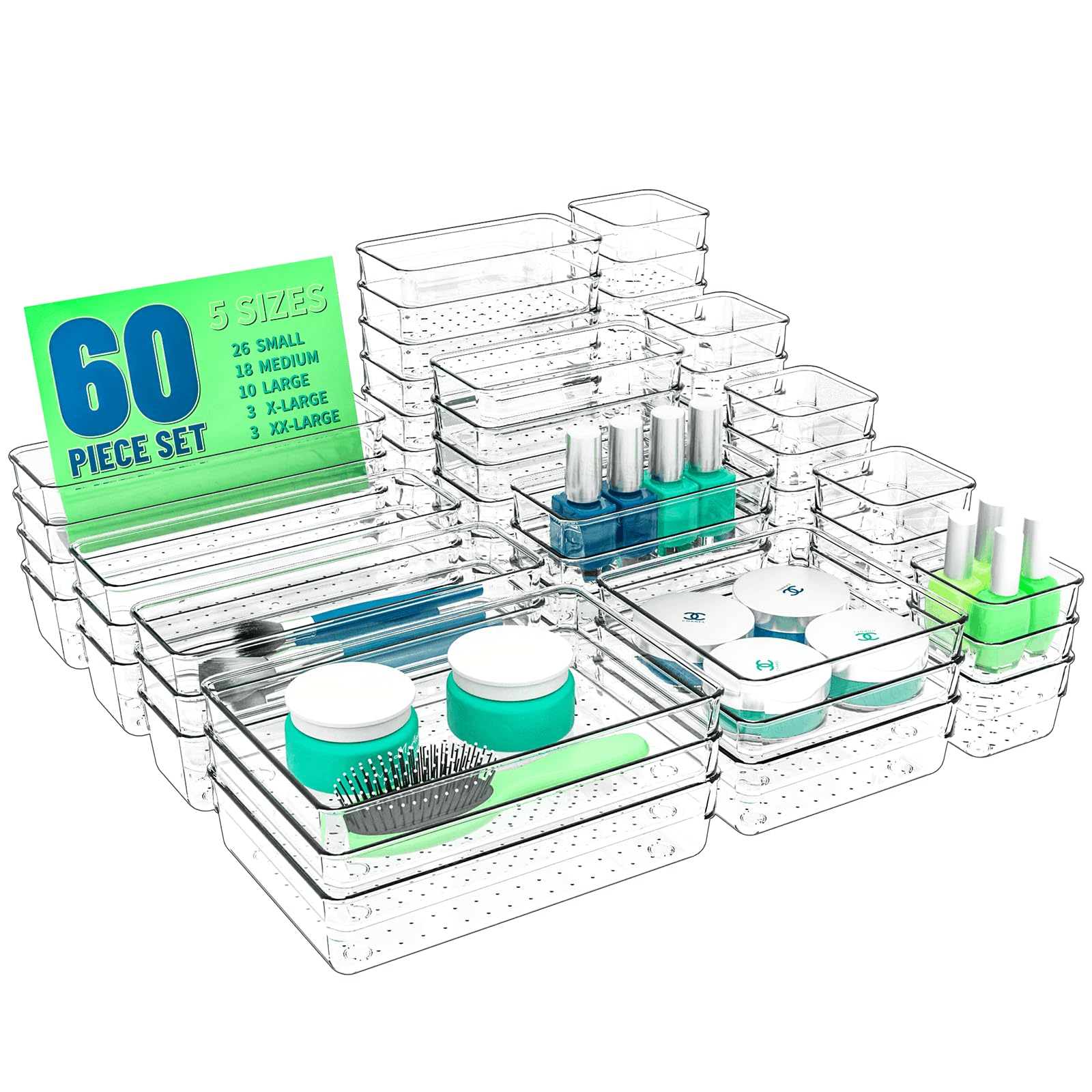 Yieach 60 Pcs Clear Plastic Drawers Organizer,5-Size Versatile Bathroom and Vanity Drawer Organizers and Storage,Non-Slip Vanity