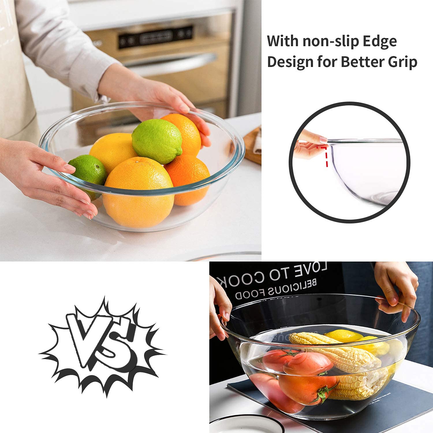 Luvan Glass Mixing Bowl With Airtight Lids, (1Qt, 1.5Qt, 2.5Qt, 3.7Qt), 8-Piece Kitchen Salad Bowls Clear Nesting Big Cooking Bo