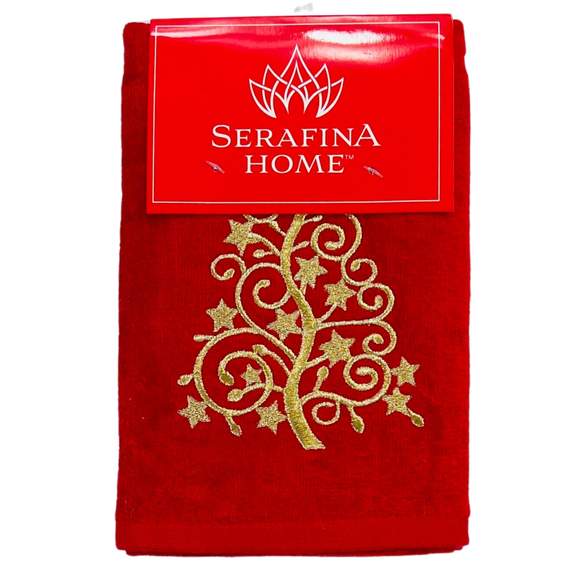 Serafina Home Holiday Christmas Bath Hand Towels, Embroidered Gold Xmas Tree On Red, 2 Piece Set, 16 X 25 Inches, 100% Cotton