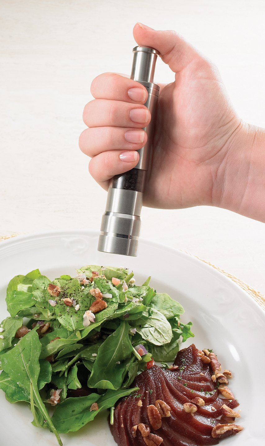 Fletchers' Mill Stainless-Steel Pump And Grind Salt Mill, , Modern Thumb Button Grinder, One-Handed Operation, Perfect For Resta