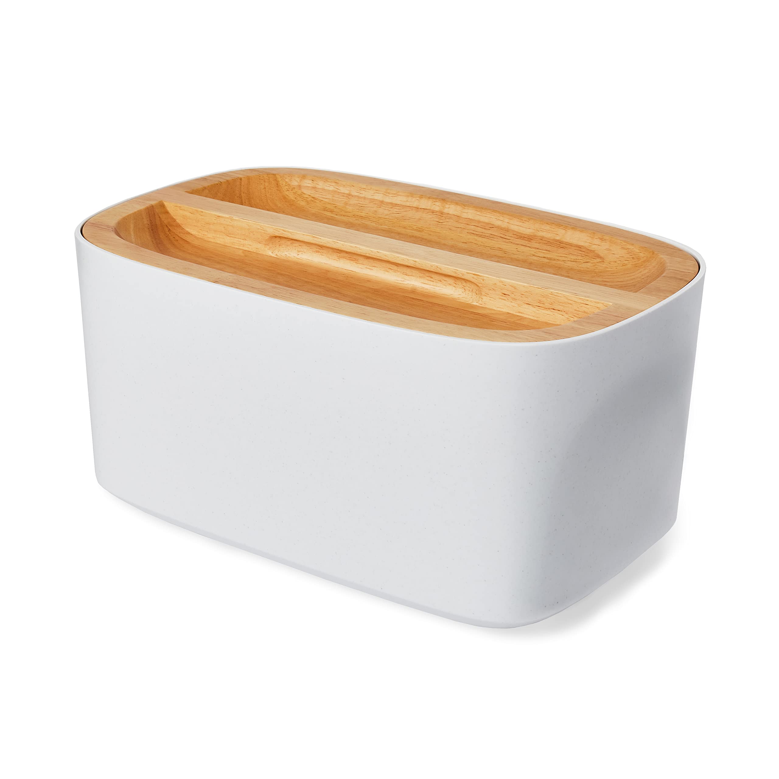 Sonder Los Angeles, Modern Bamboo Fiber (White) Bread Box For Kitchen Countertop With Reversible Wood Serving Lid, Homemade Brea