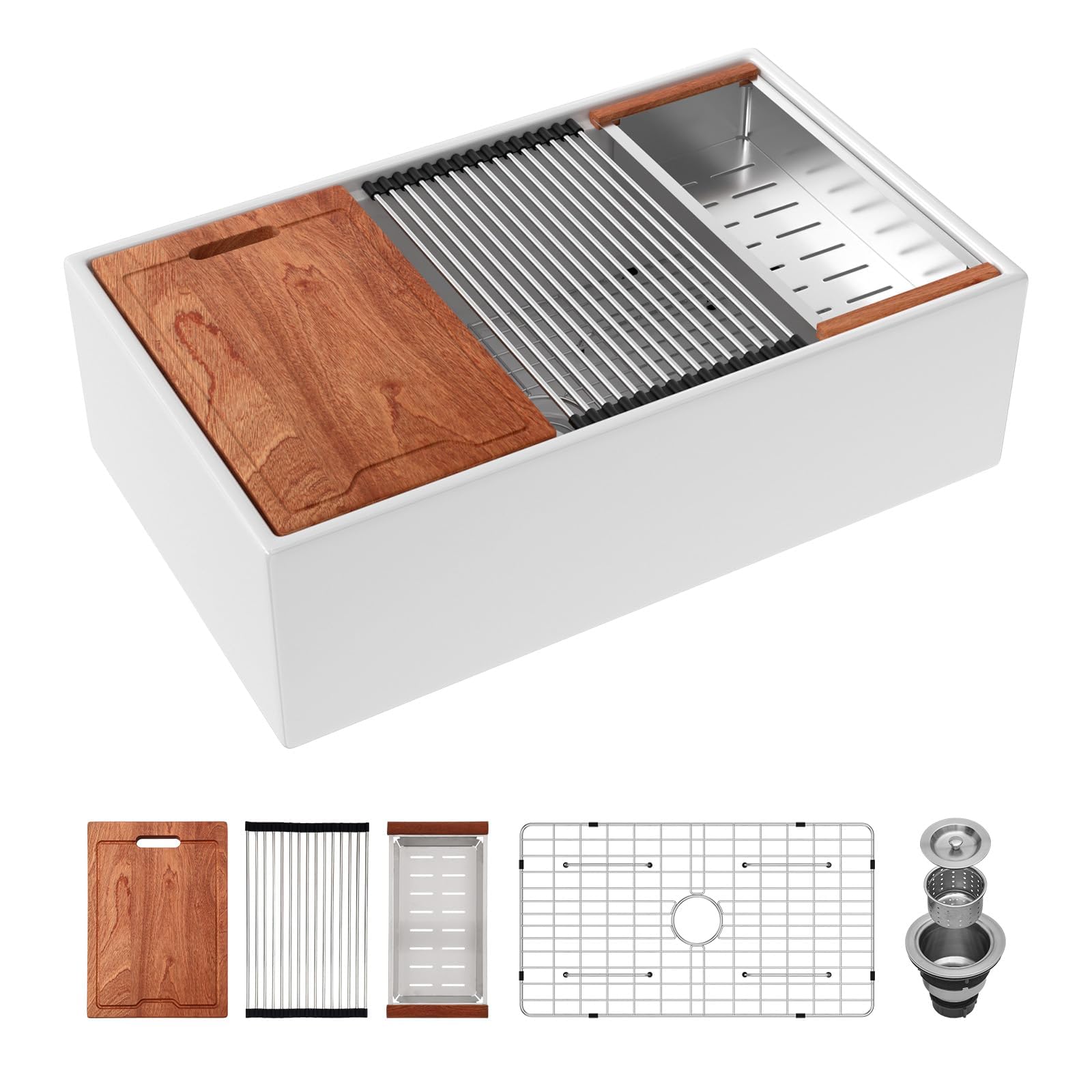 White Farmhouse Sink - 33 Inch Kitchen Sinks Workstation Apron Front Flat Fireclay 33X20 Porcelain Ceramic Single Bowl Farmer Si