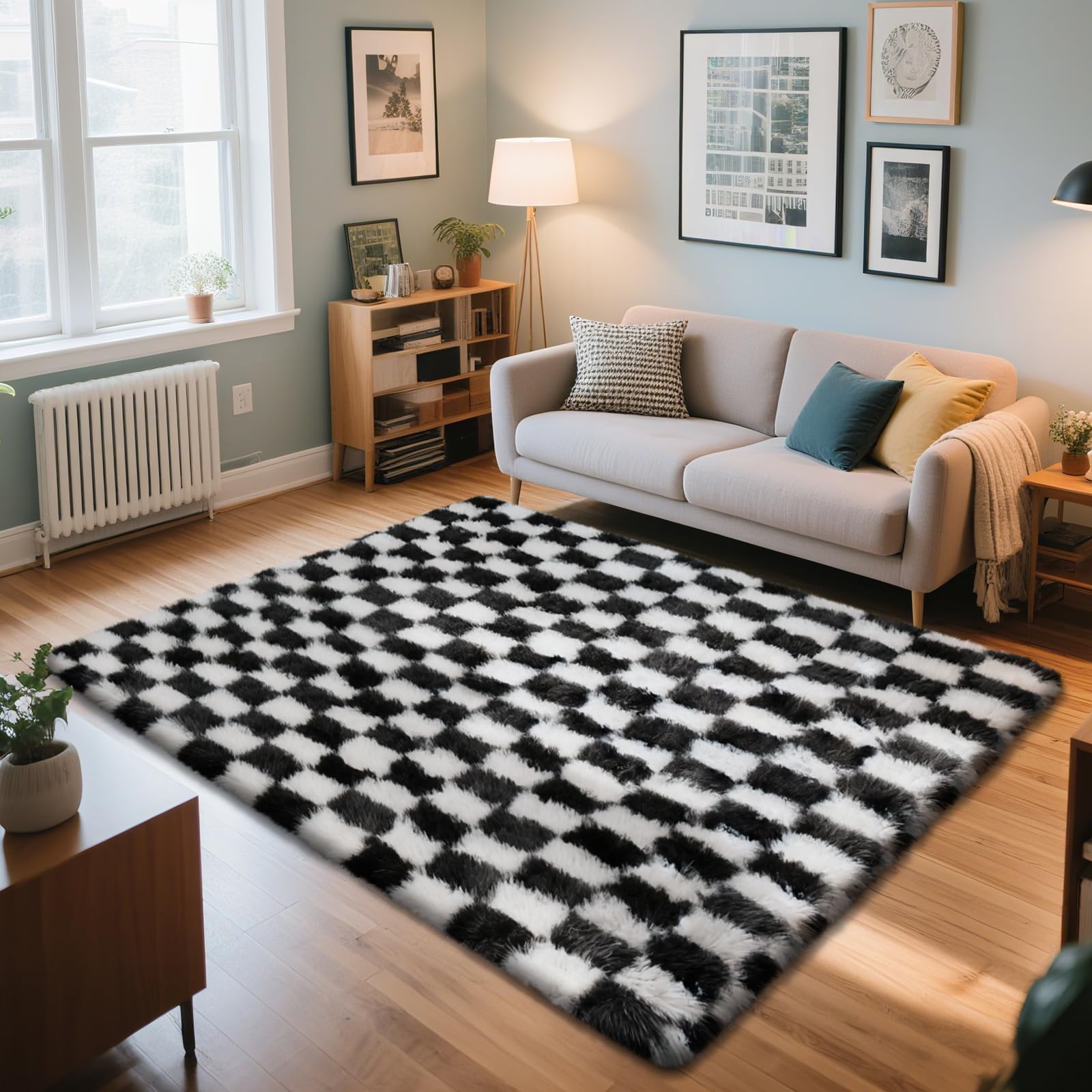Checkered Rug for Bedroom, 4x6 Black and White Area Rugs, Classic Checkered Carpets Shaggy Area Rug, Bedside Rugs for Living Roo